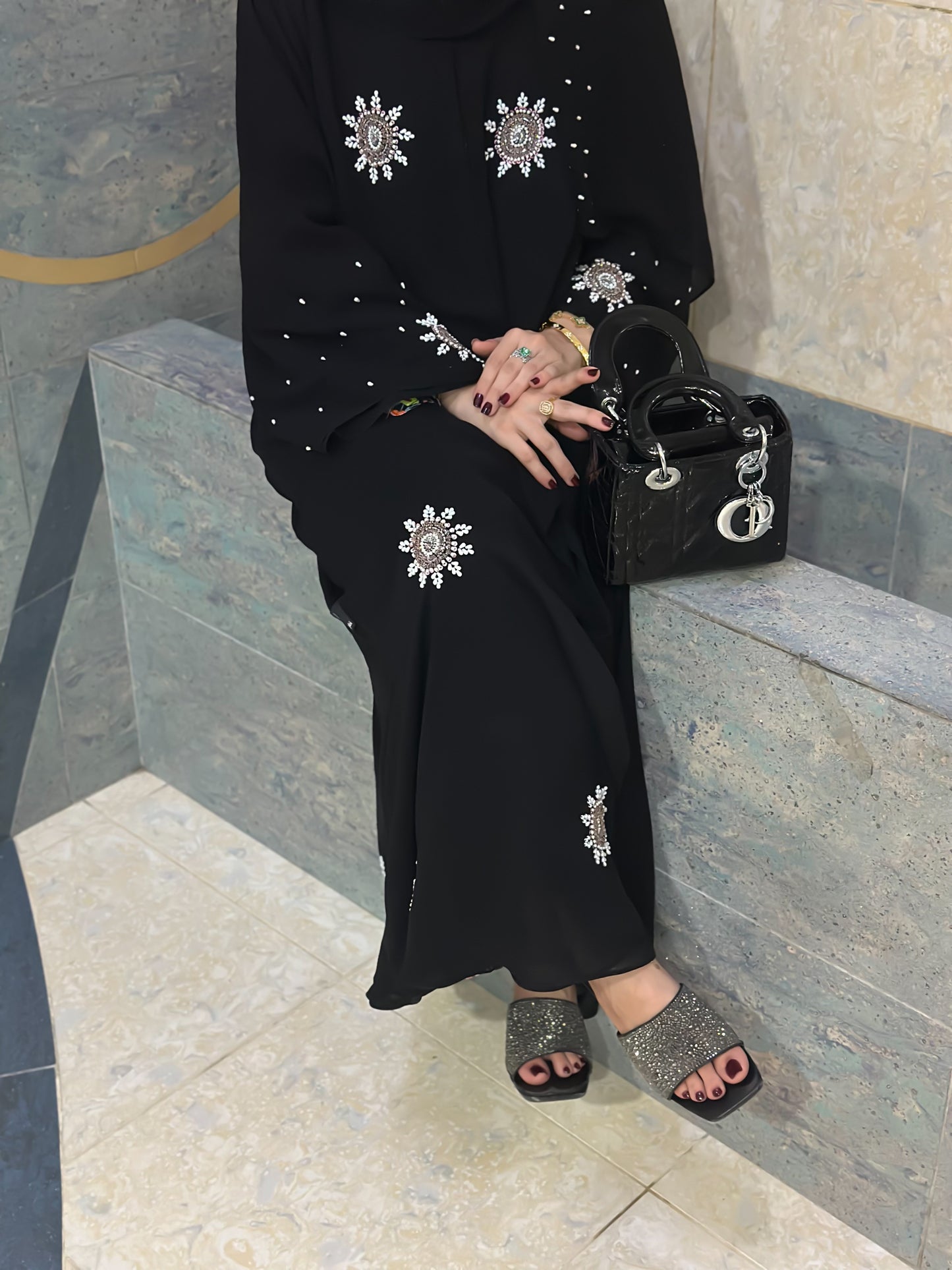 "Chiffon Abaya with Pearl Flower Handwork" Z106