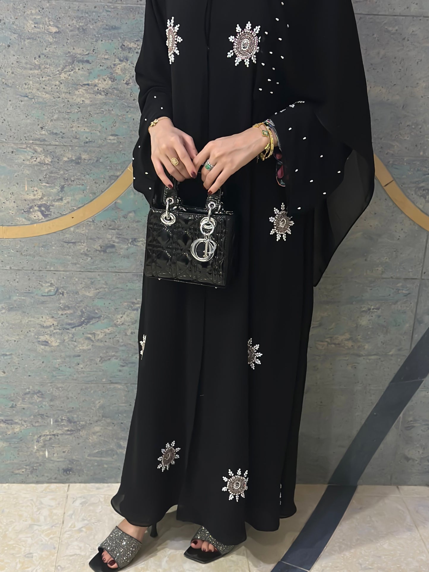"Chiffon Abaya with Pearl Flower Handwork" Z106