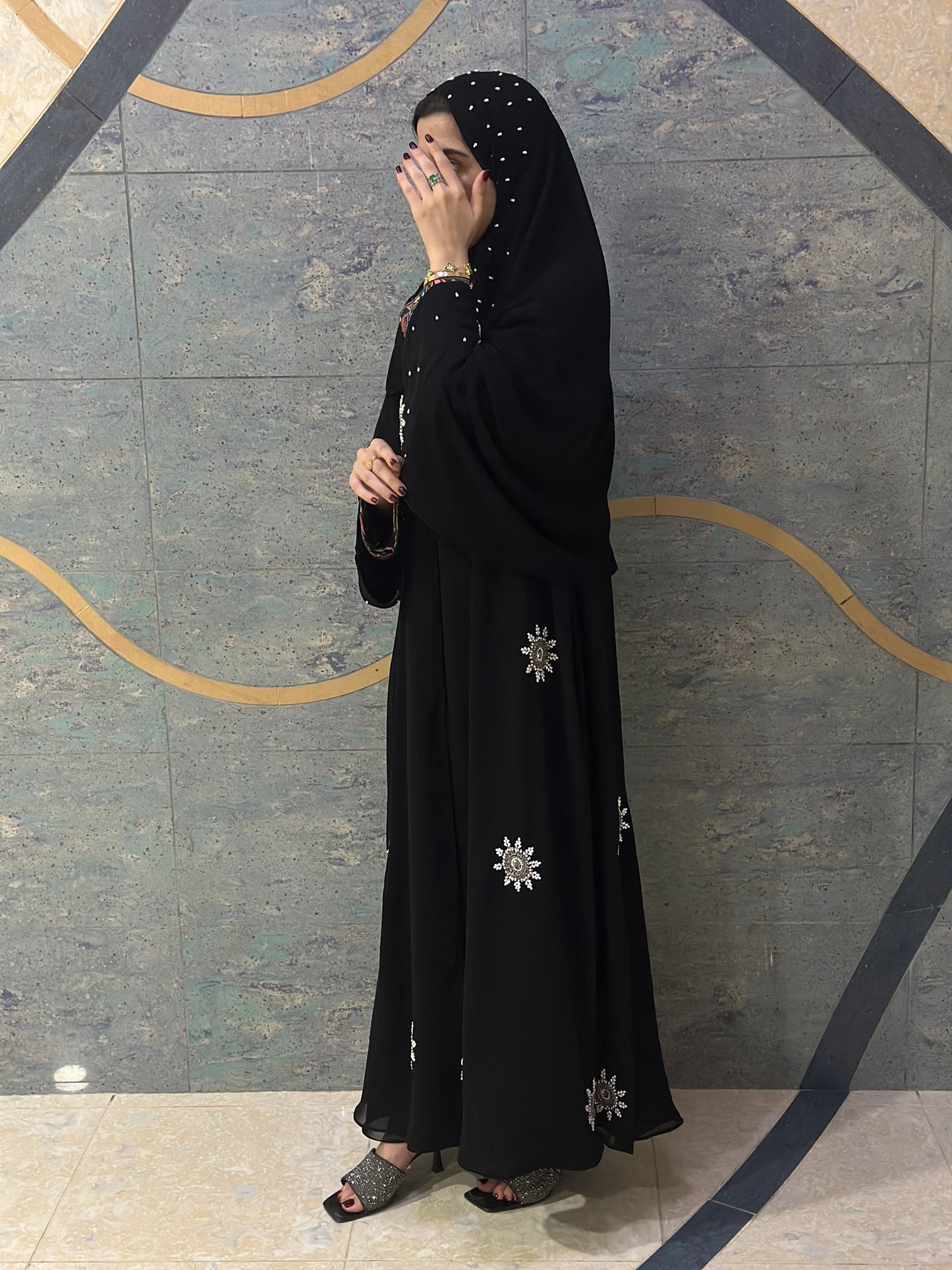 "Chiffon Abaya with Pearl Flower Handwork" Z106