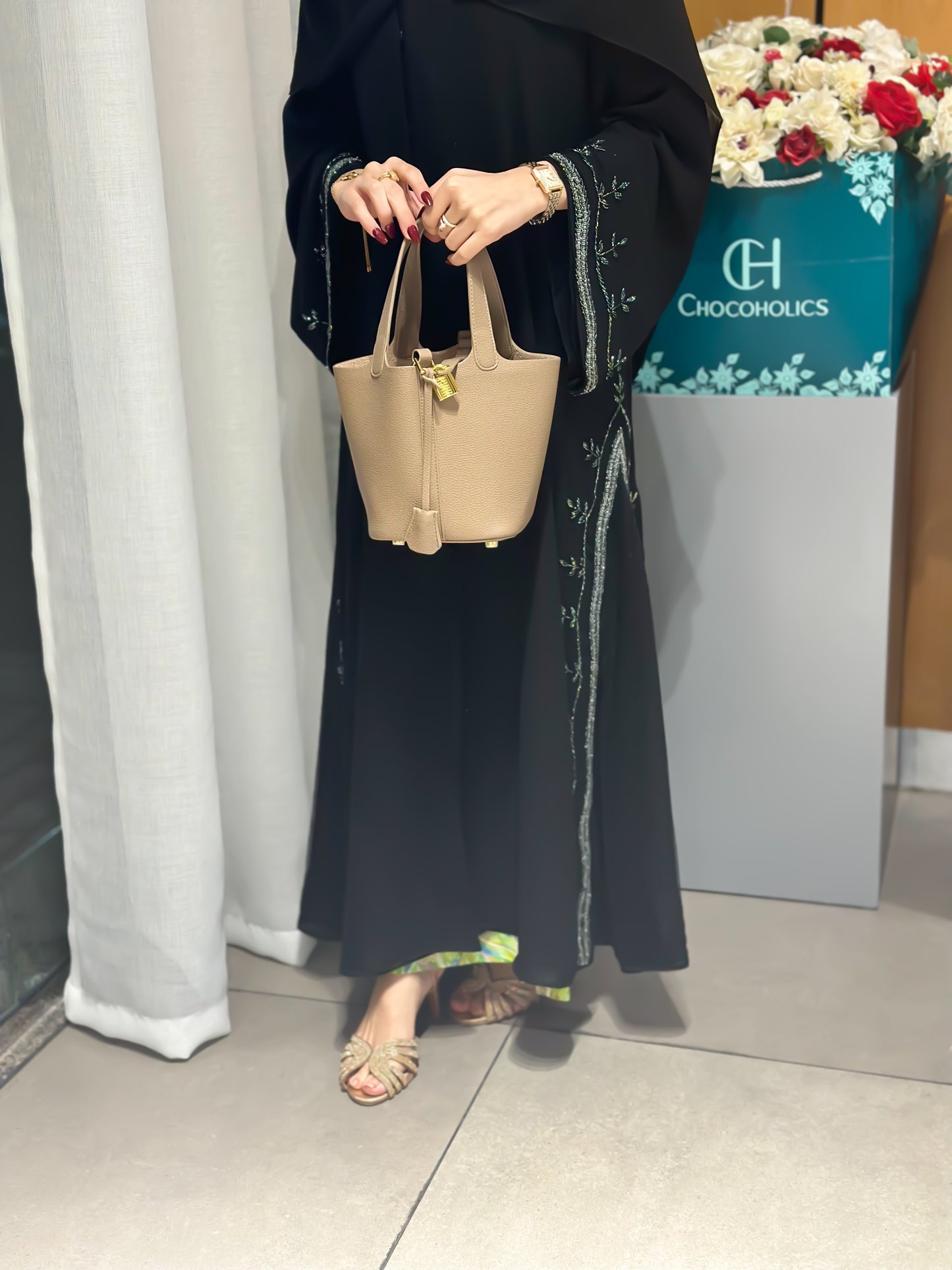 "Chiffon Abaya with Net Side Panels and Handwork" Z110