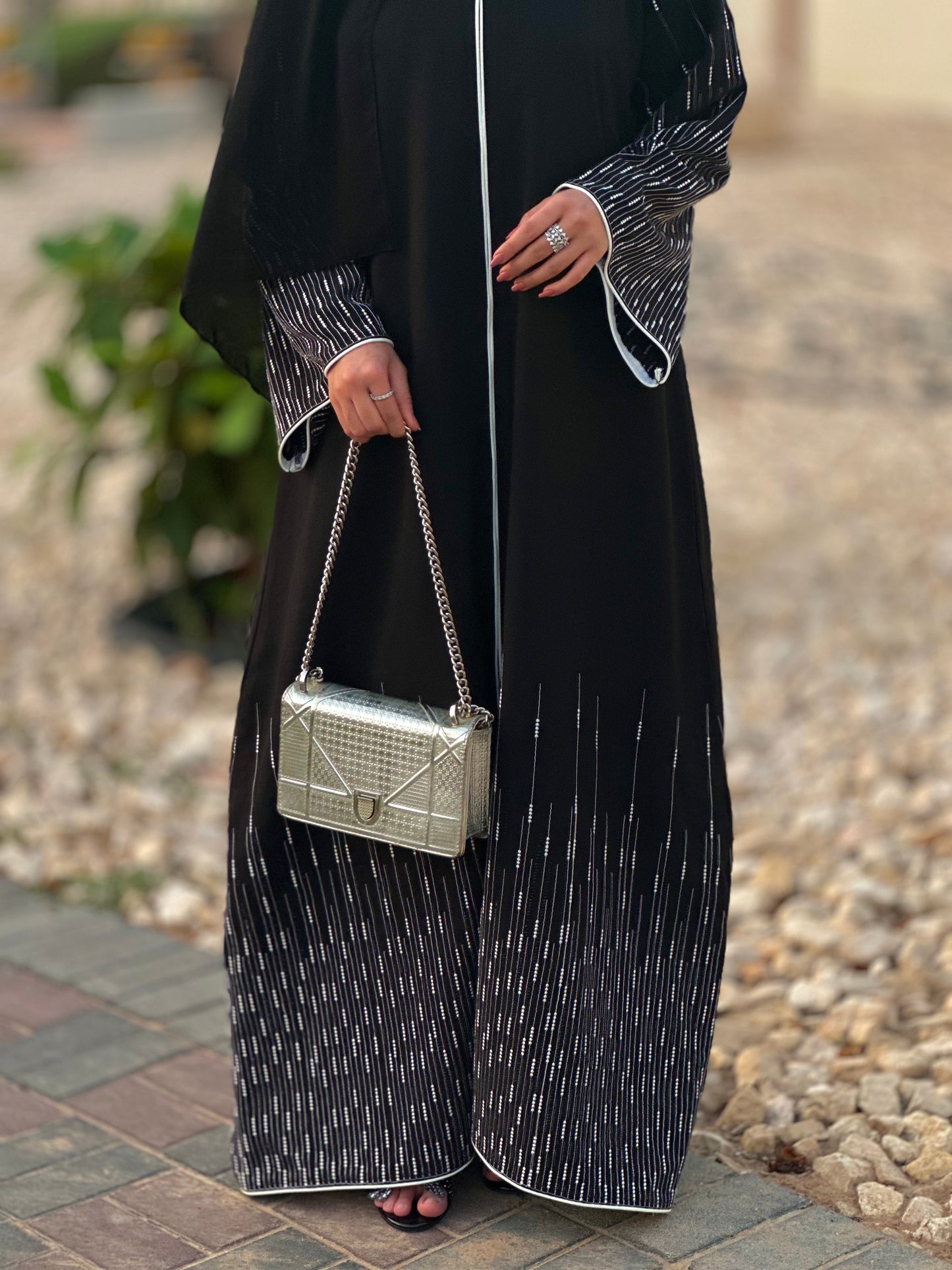 Black and white embroidery and stone work abaya