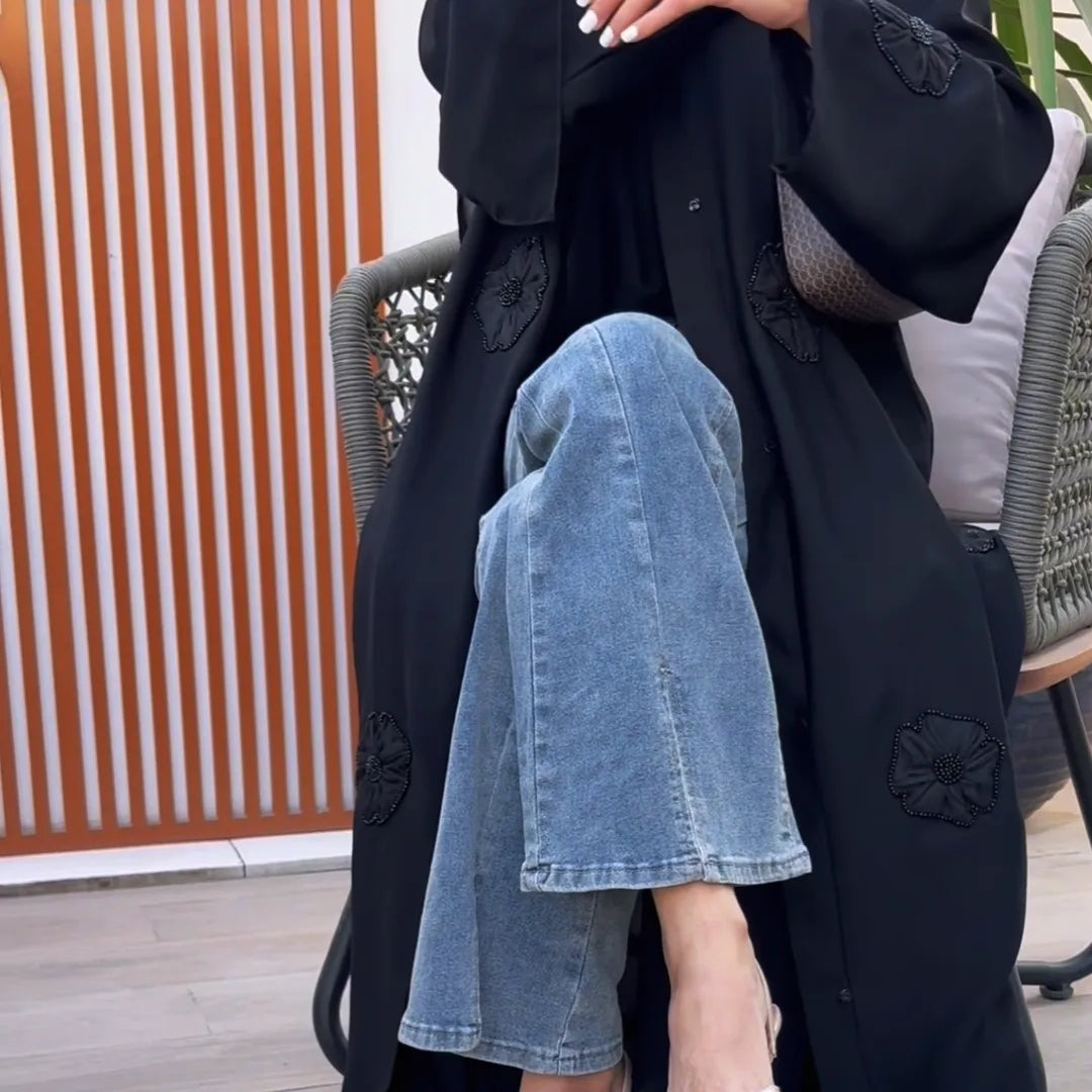 Abaya with organza floral design