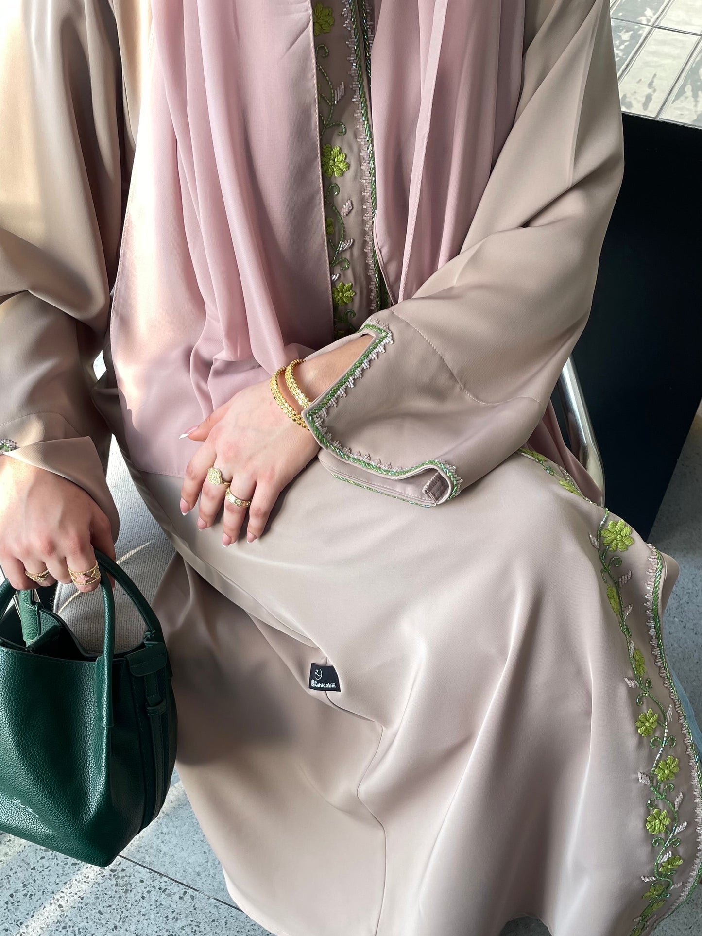 Luxury Nude Abaya with Green Floral Embroidery and Matching Hijab (Sheila/scarf)