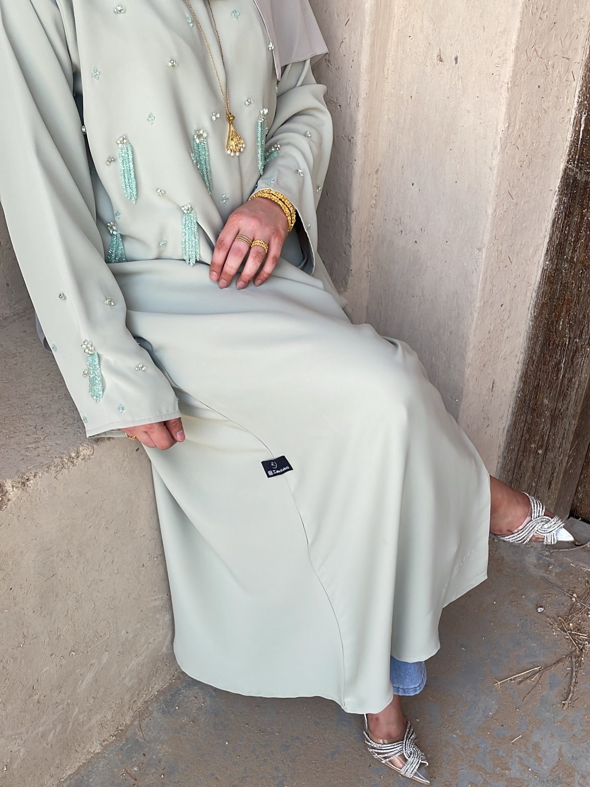 Pastel Mint Abaya | Elegant Embellished Modest Wear | Z233 - Zahida bi 