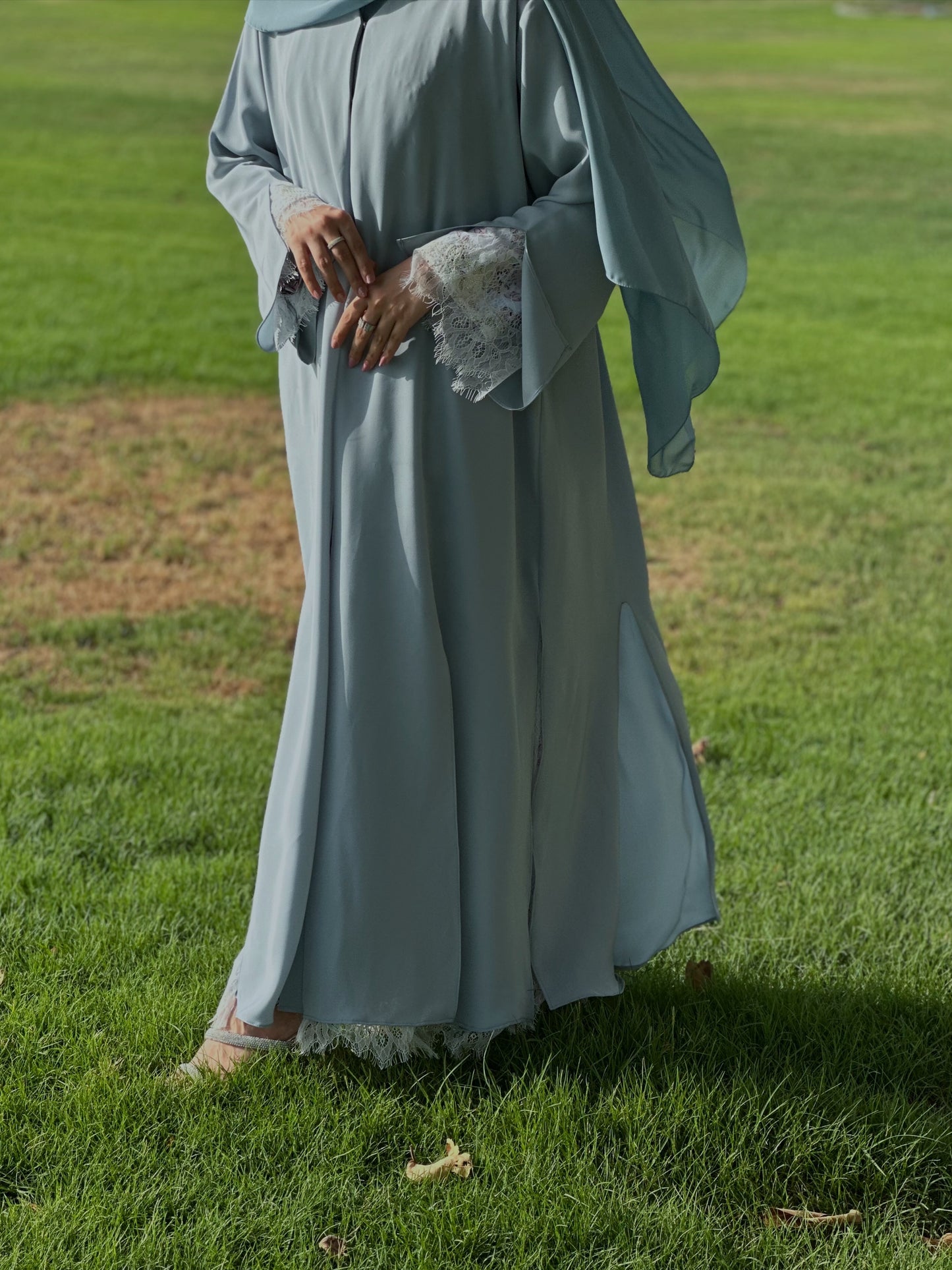 Flowy Front Open Abaya with Floral Lace trim