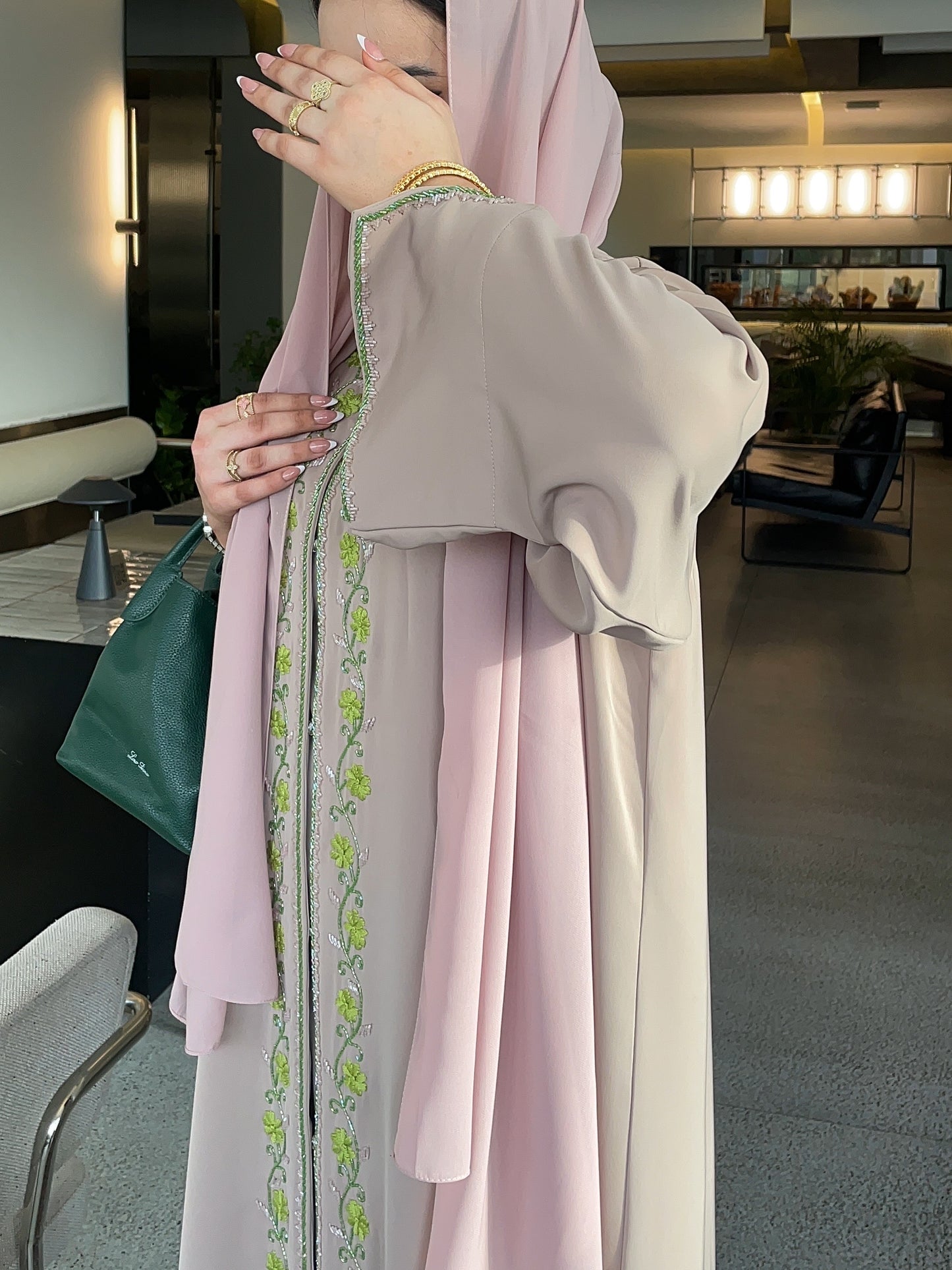 Luxury Nude Abaya with Green Floral Embroidery and Matching Hijab (Sheila/scarf)