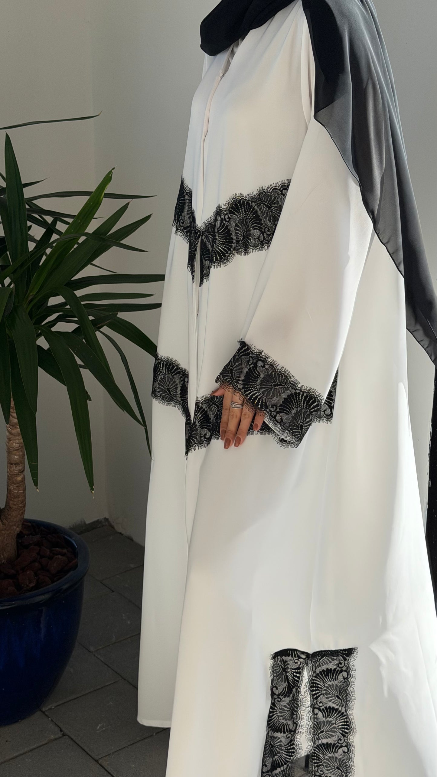 White abaya with black dantel,  lightweight/summer collection