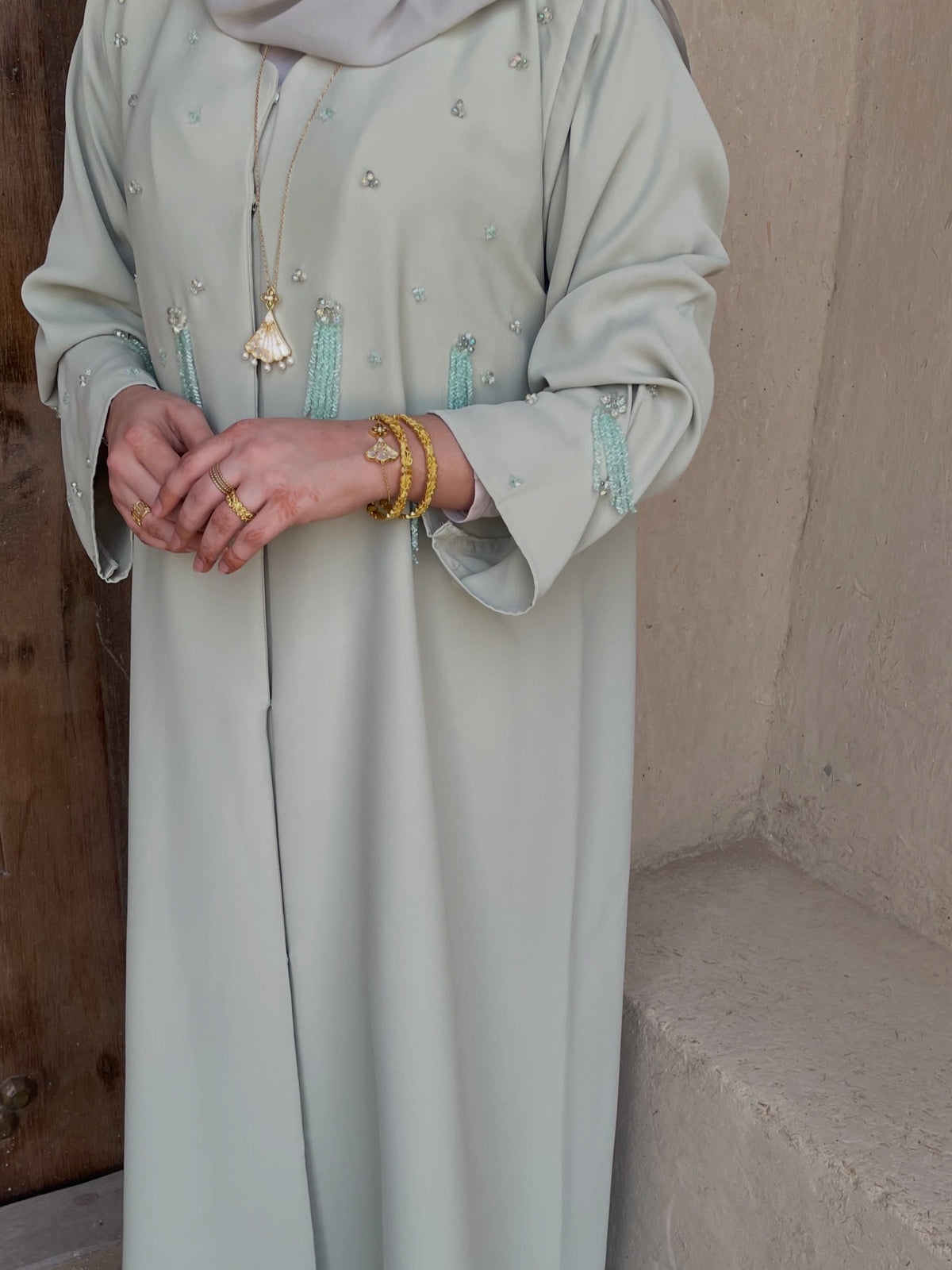 Pastel Mint Abaya | Elegant Embellished Modest Wear | Z233 - Zahida bi 