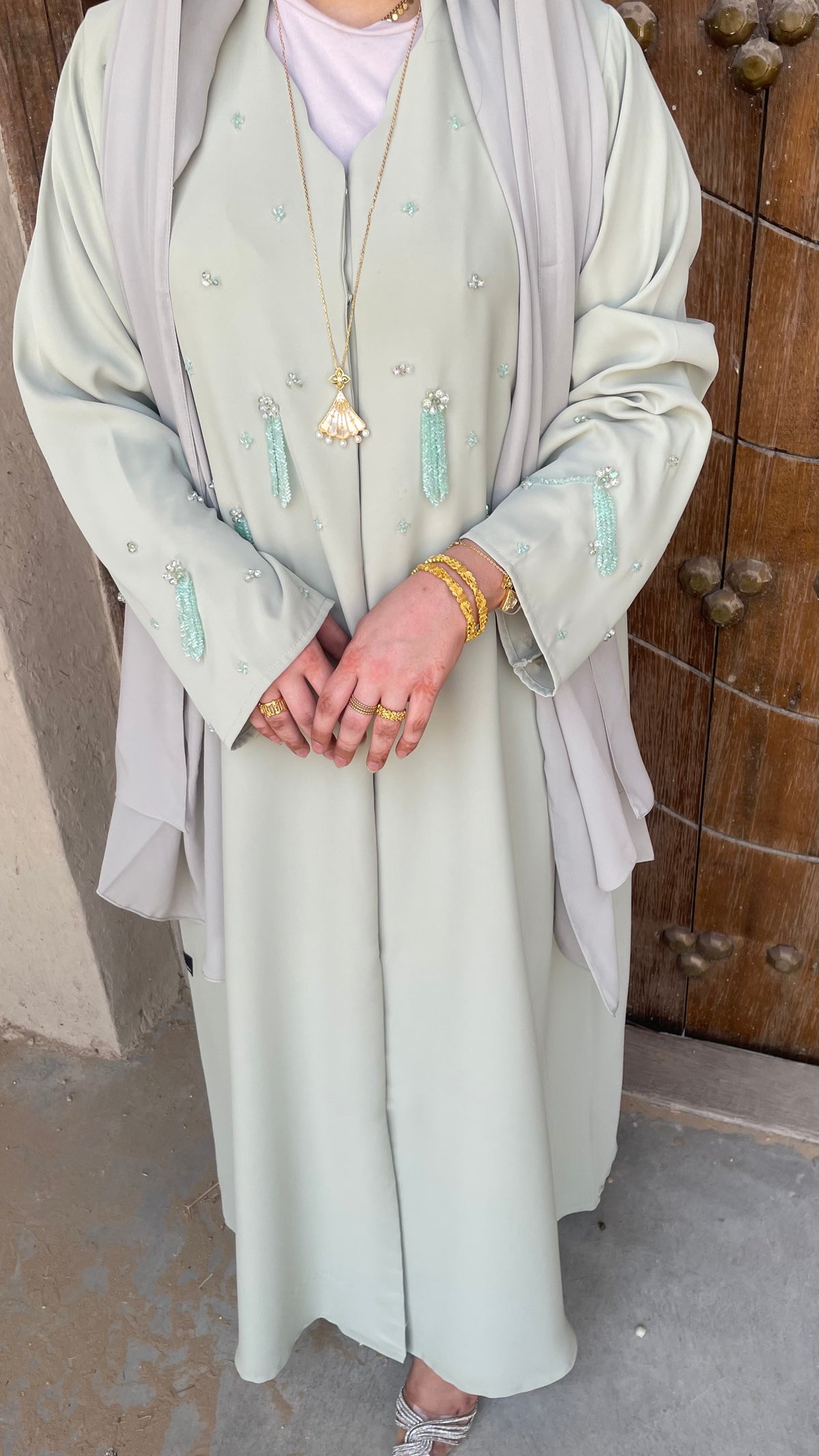 Pastel Mint Abaya | Elegant Embellished Modest Wear | Z233 - Zahida bi 