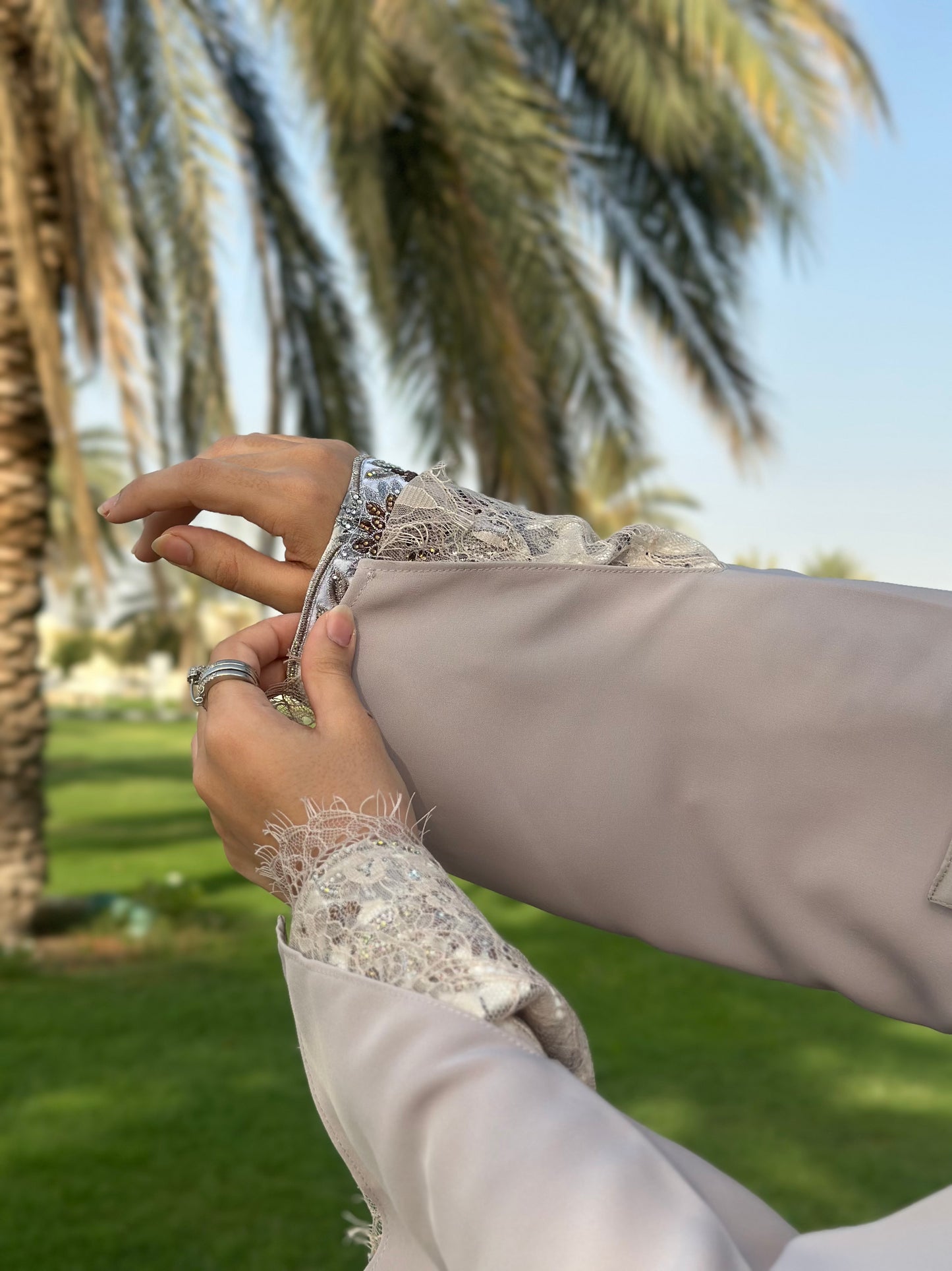 Flowy Front Open Abaya with Floral Lace trim