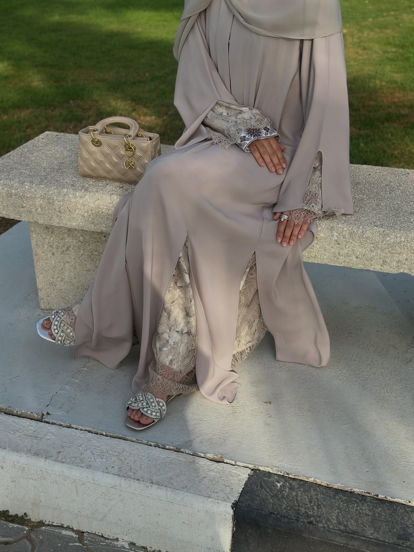 Flowy Front Open Abaya with Floral Lace trim