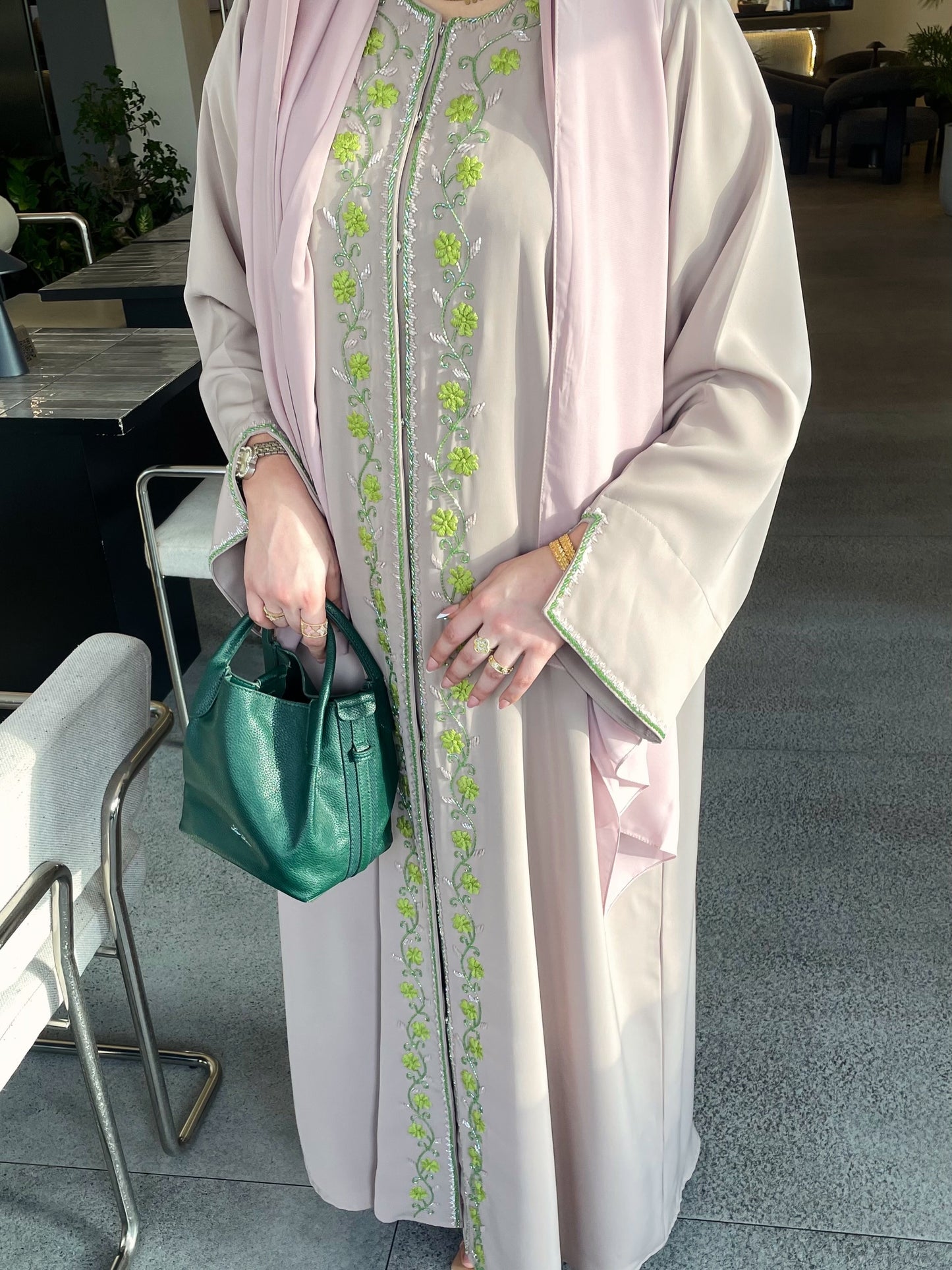 Luxury Nude Abaya with Green Floral Embroidery and Matching Hijab (Sheila/scarf)