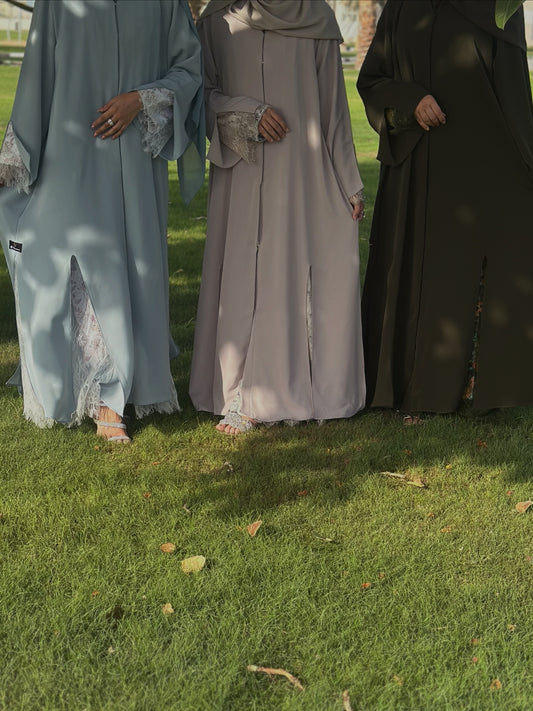 Flowy Front Open Abaya with Floral Lace trim