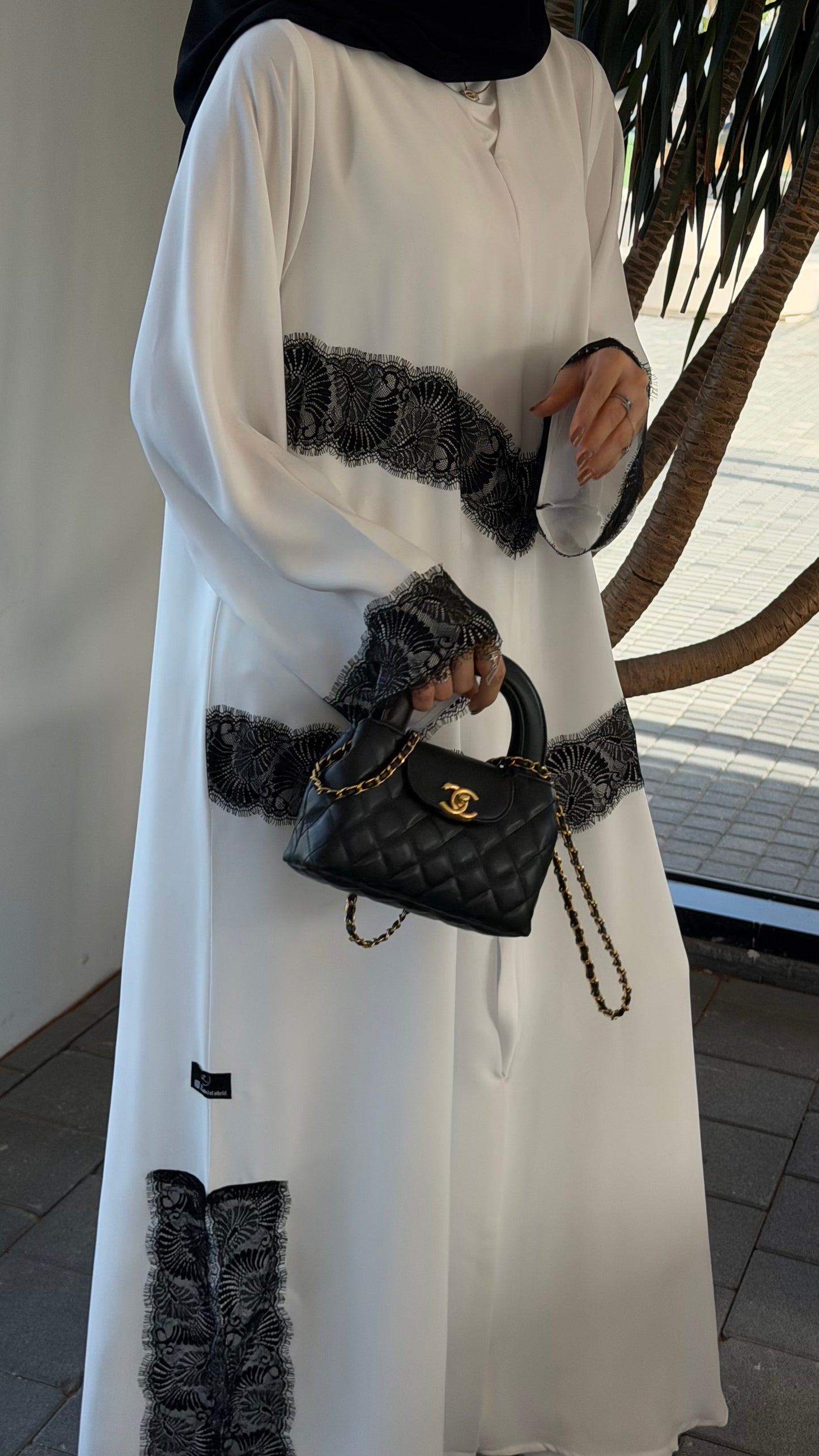 White abaya with black dantel,  lightweight/summer collection