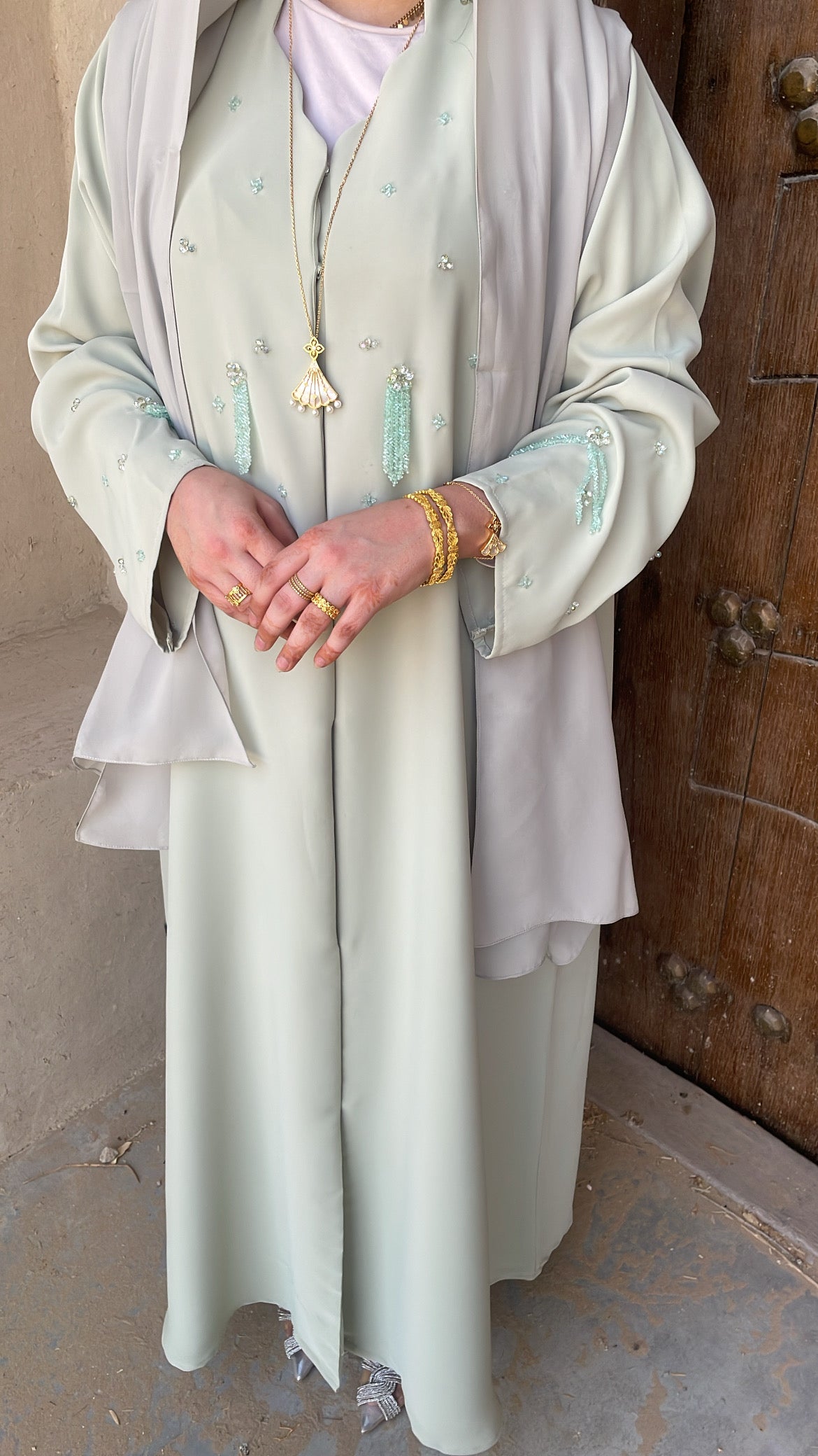 Pastel Mint Abaya | Elegant Embellished Modest Wear | Z233 - Zahida bi 
