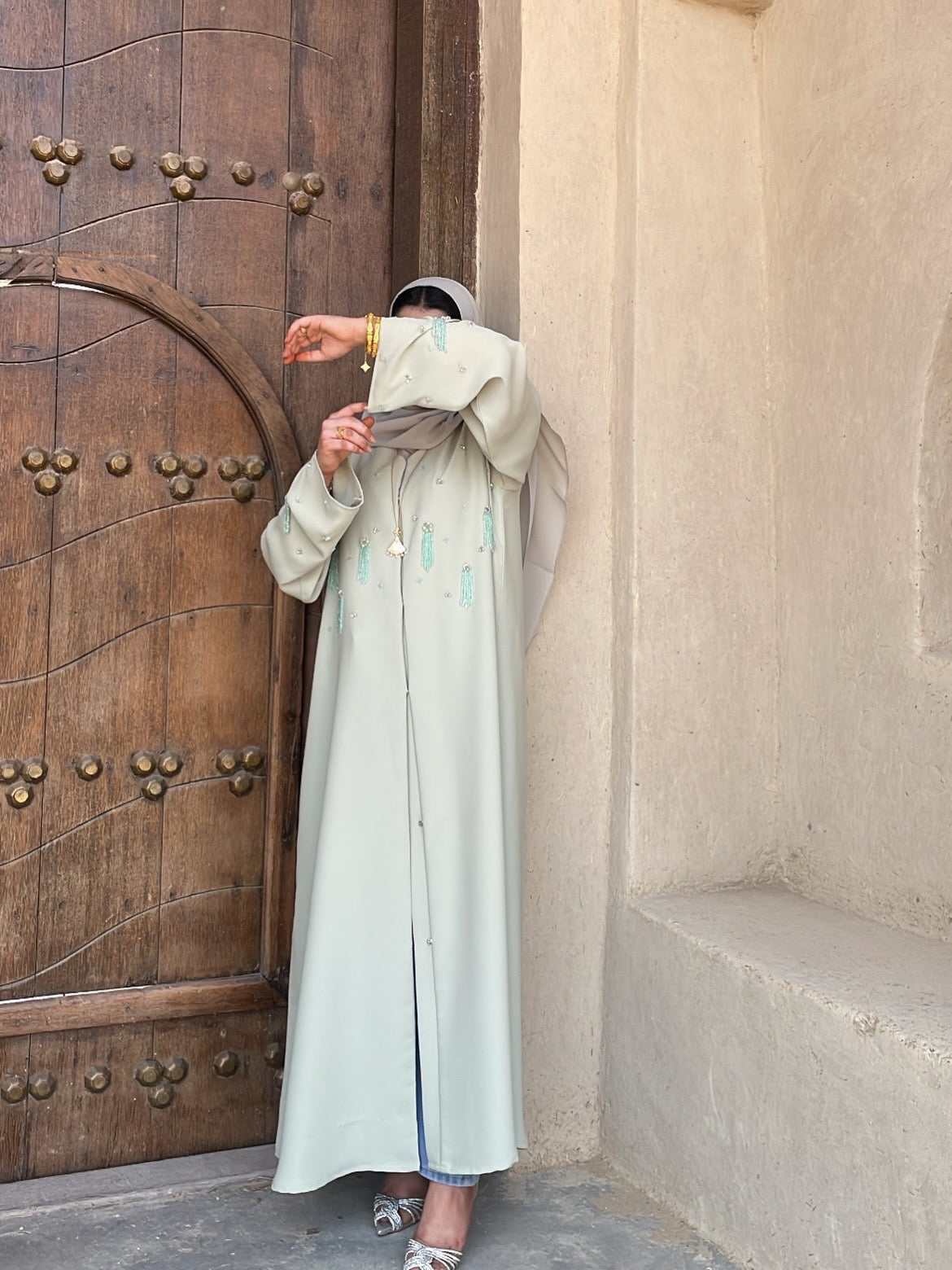 Pastel Mint Abaya | Elegant Embellished Modest Wear | Z233 - Zahida bi 