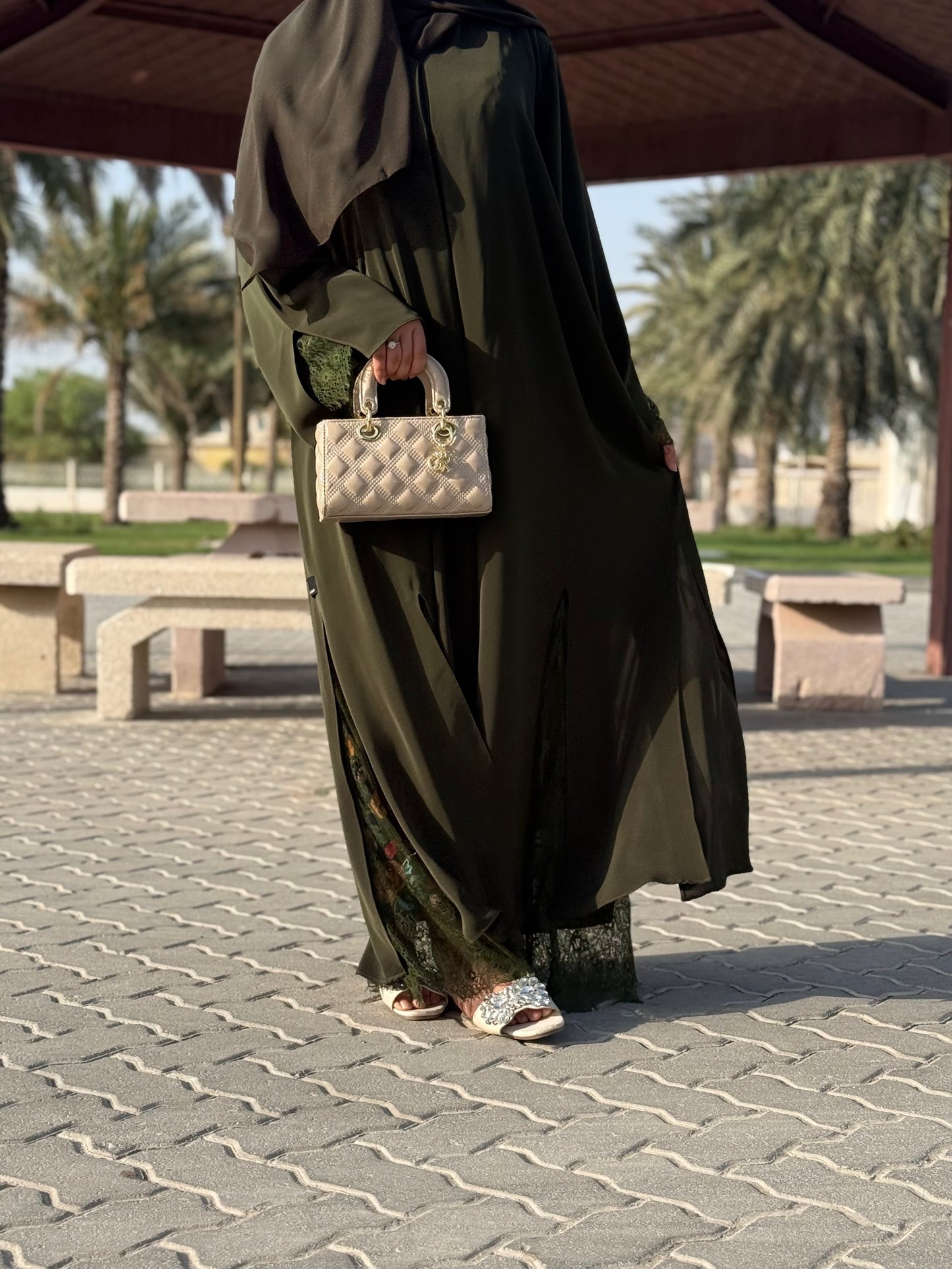 Flowy Front Open Abaya with Floral Lace trim