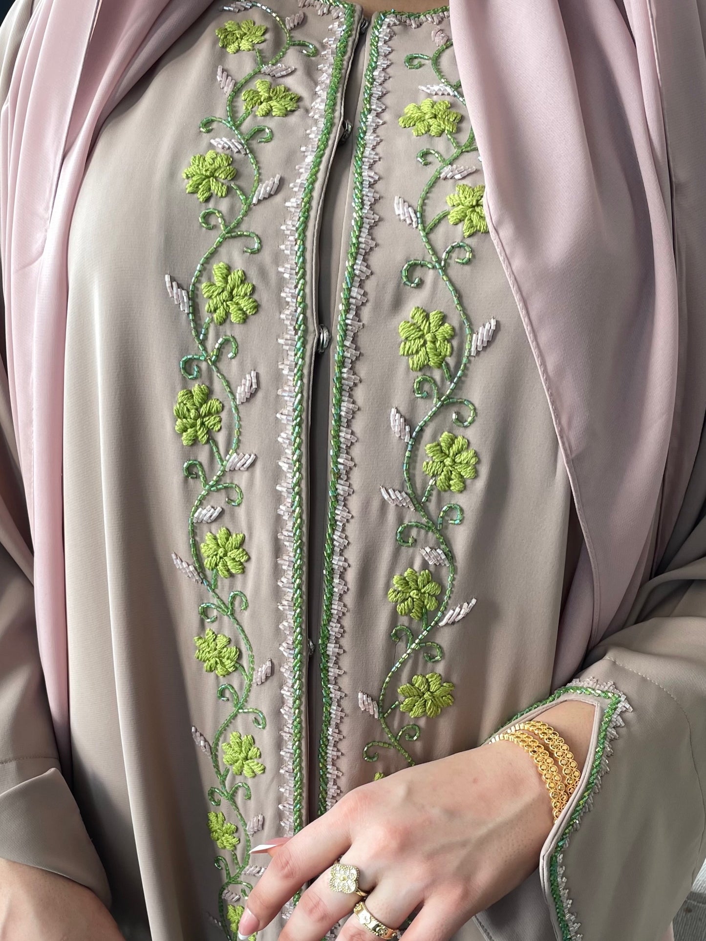Luxury Nude Abaya with Green Floral Embroidery and Matching Hijab (Sheila/scarf)