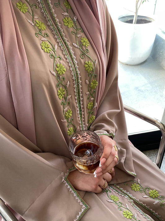 Luxury Nude Abaya with Green Floral Embroidery and Matching Hijab (Sheila/scarf)