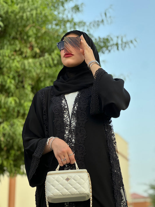 Premium open front black abaya | Lace /dantel abaya collection UAE