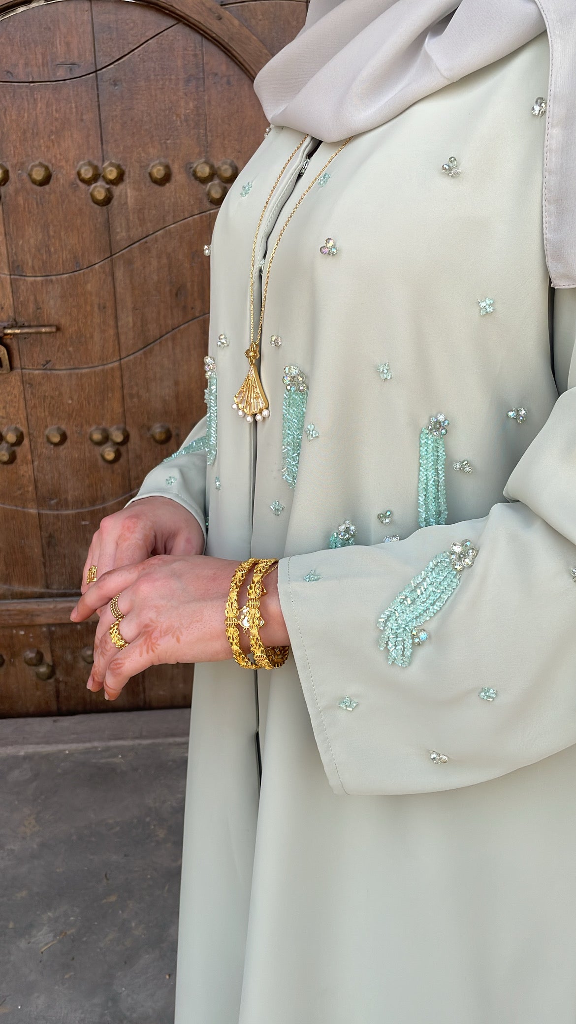 Pastel Mint Abaya | Elegant Embellished Modest Wear | Z233 - Zahida bi 