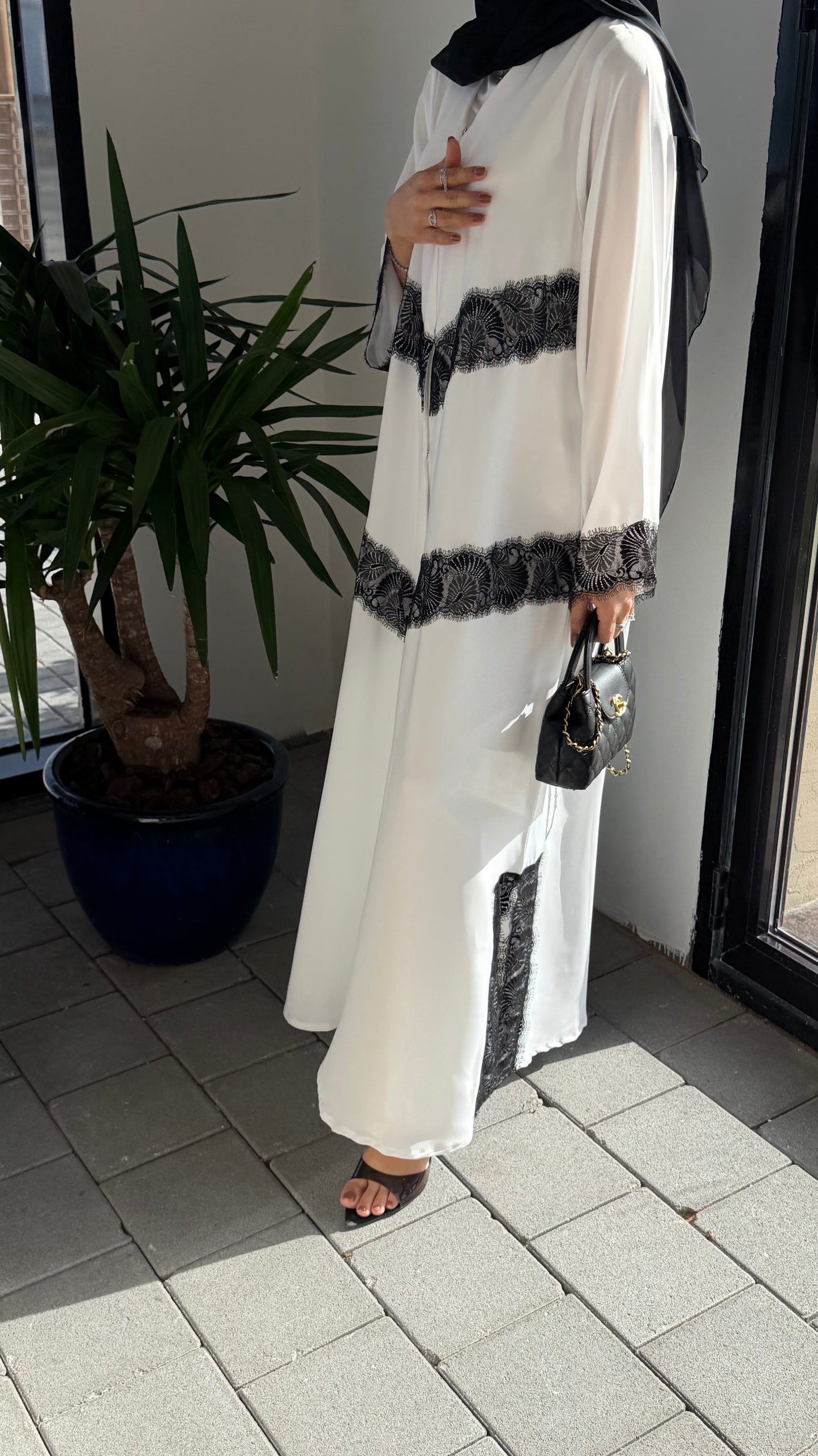 White abaya with black dantel,  lightweight/summer collection