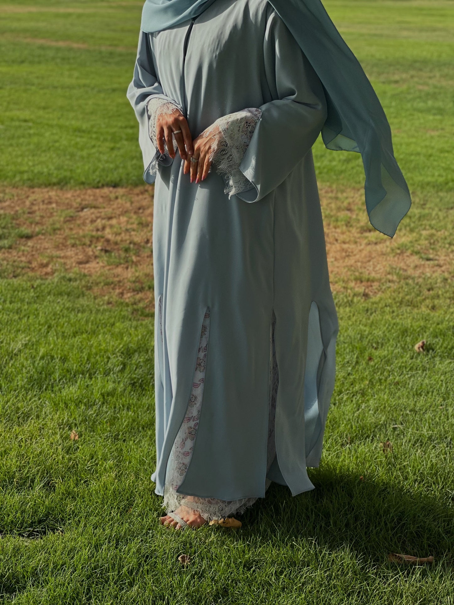 Flowy Front Open Abaya with Floral Lace trim