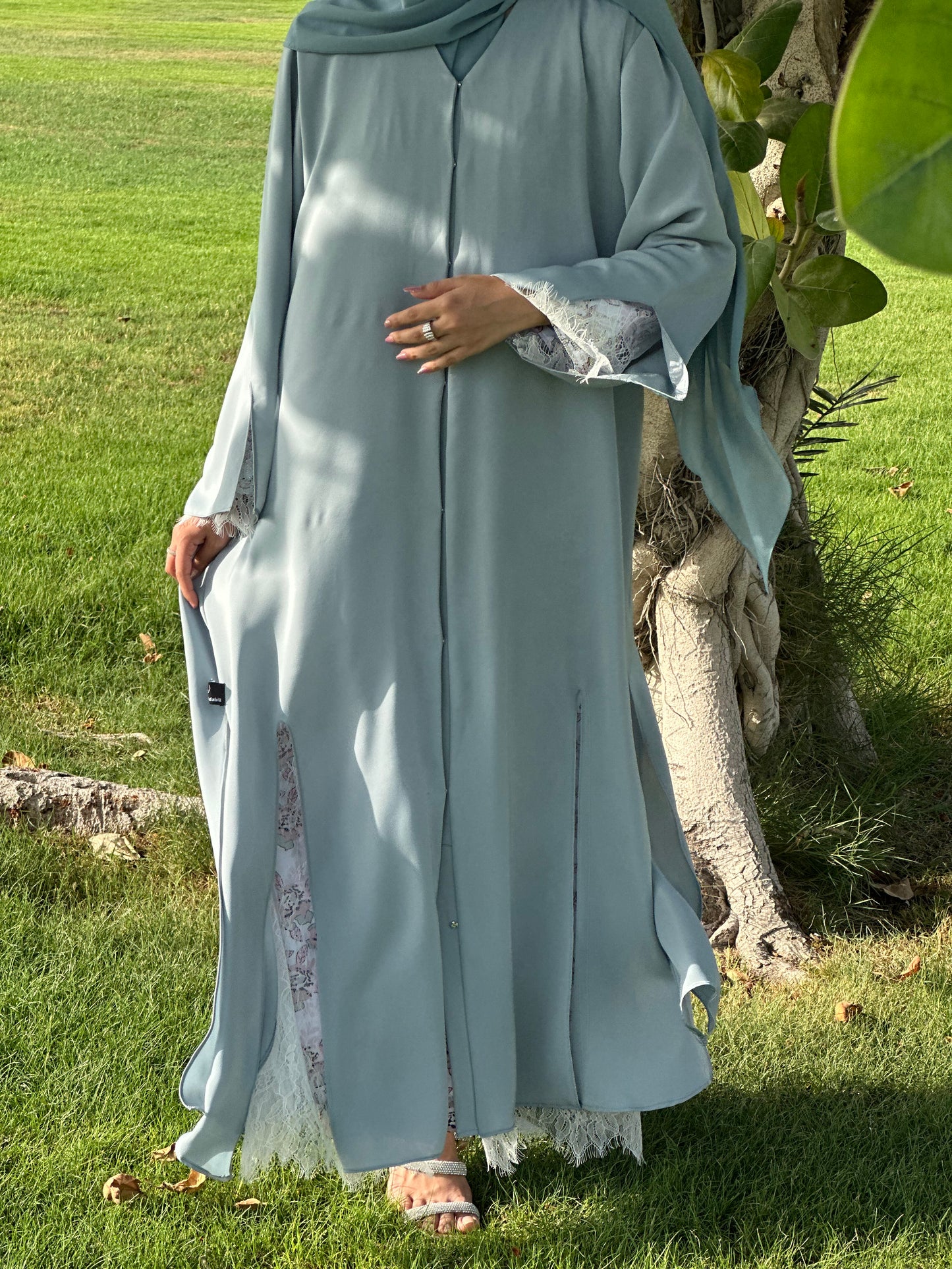 Flowy Front Open Abaya with Floral Lace trim