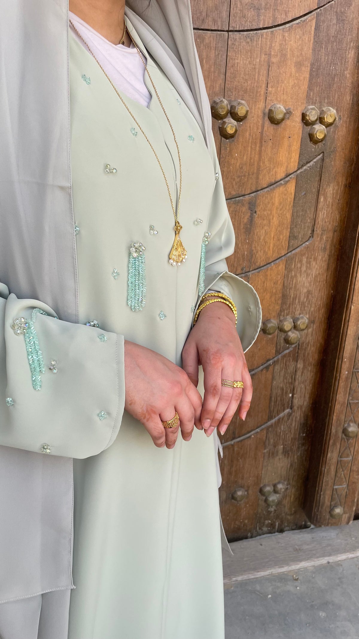 Pastel Mint Abaya | Elegant Embellished Modest Wear | Z233 - Zahida bi 