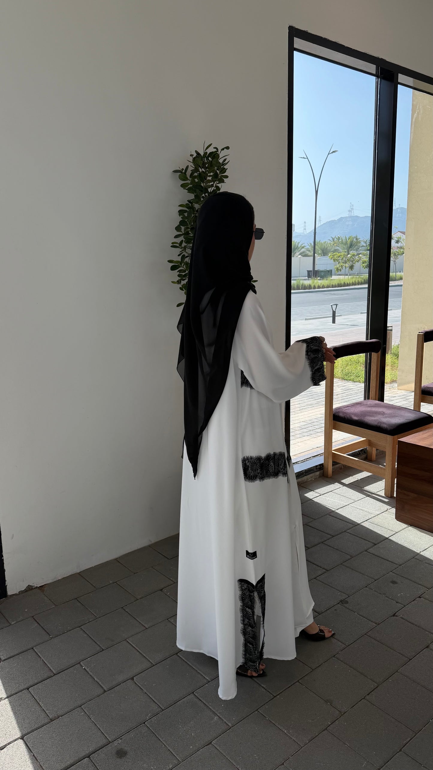 White abaya with black dantel,  lightweight/summer collection