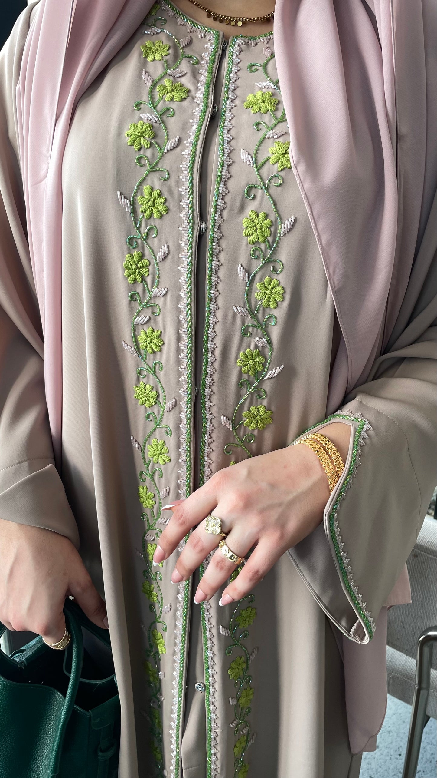 Luxury Nude Abaya with Green Floral Embroidery and Matching Hijab (Sheila/scarf)