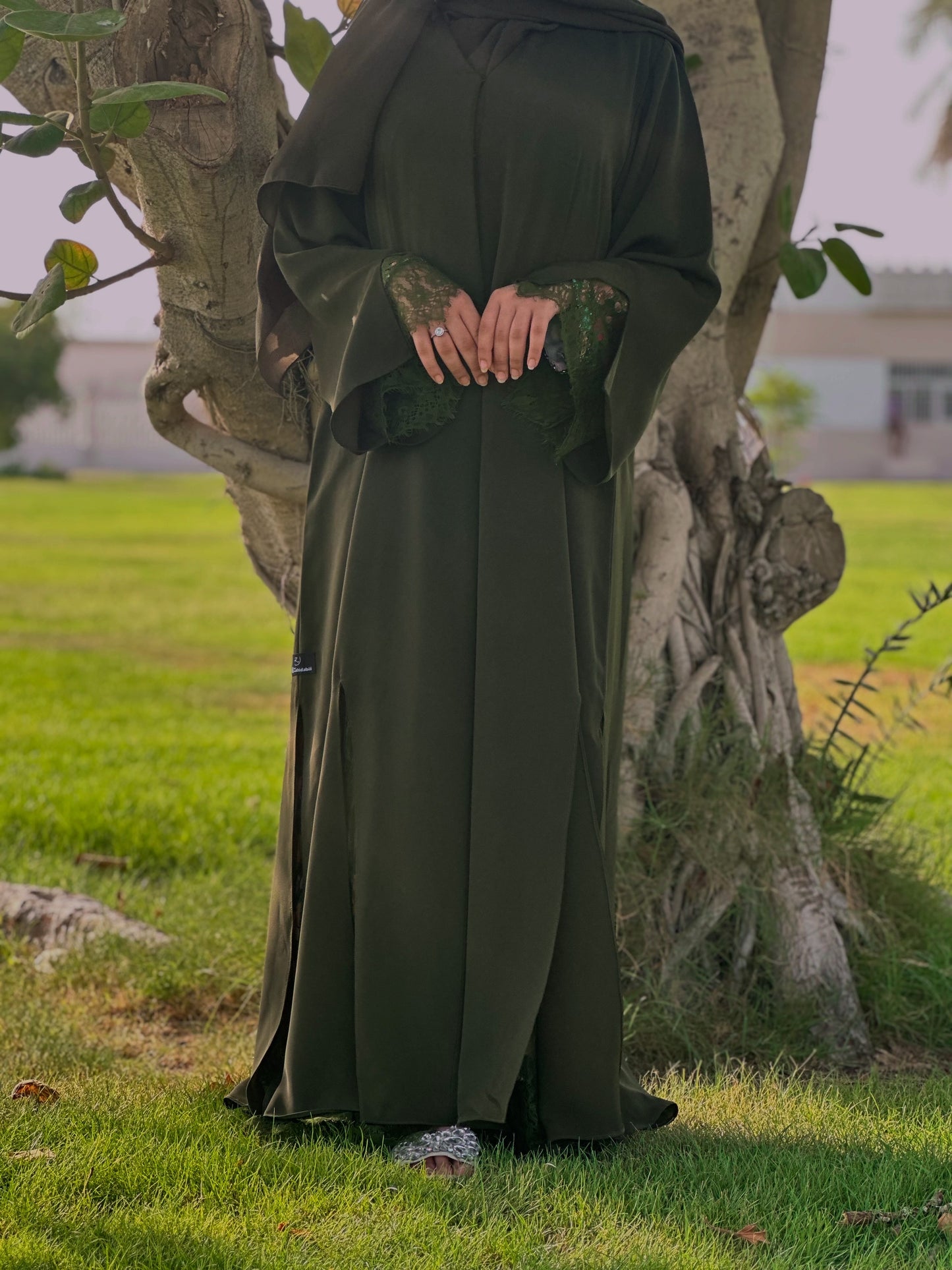 Flowy Front Open Abaya with Floral Lace trim
