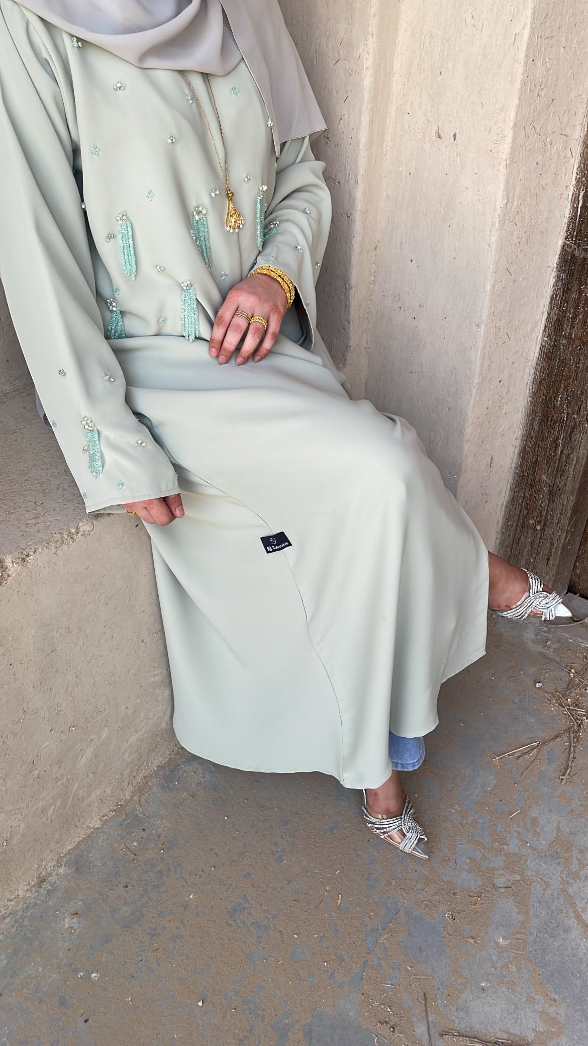 Pastel Mint Abaya | Elegant Embellished Modest Wear | Z233 - Zahida bi 