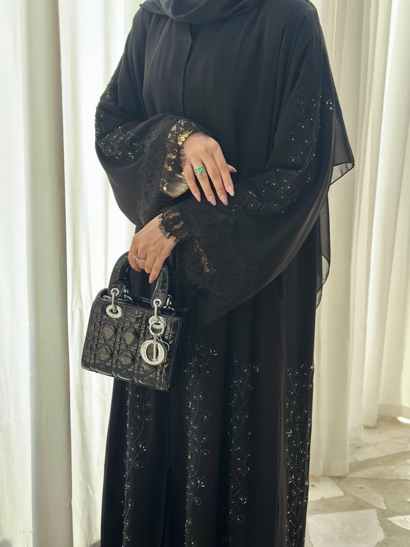 Classic Black Abaya with Lace Sleeves and Beaded Embroidery – Zahidabi Abaya