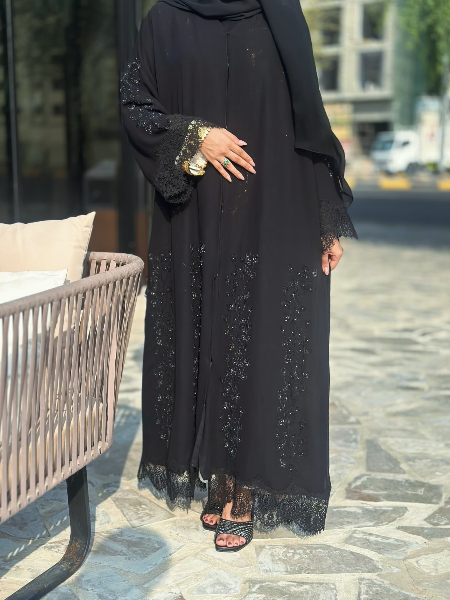 Classic Black Abaya with Lace Sleeves and Beaded Embroidery – Zahidabi Abaya