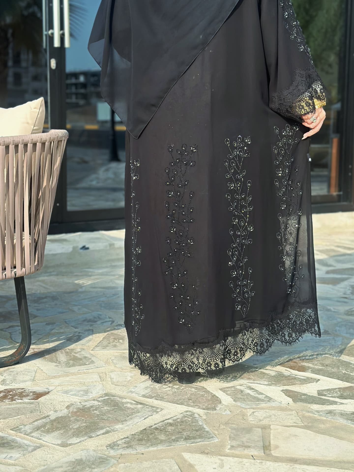 Classic Black Abaya with Lace Sleeves and Beaded Embroidery – Zahidabi Abaya