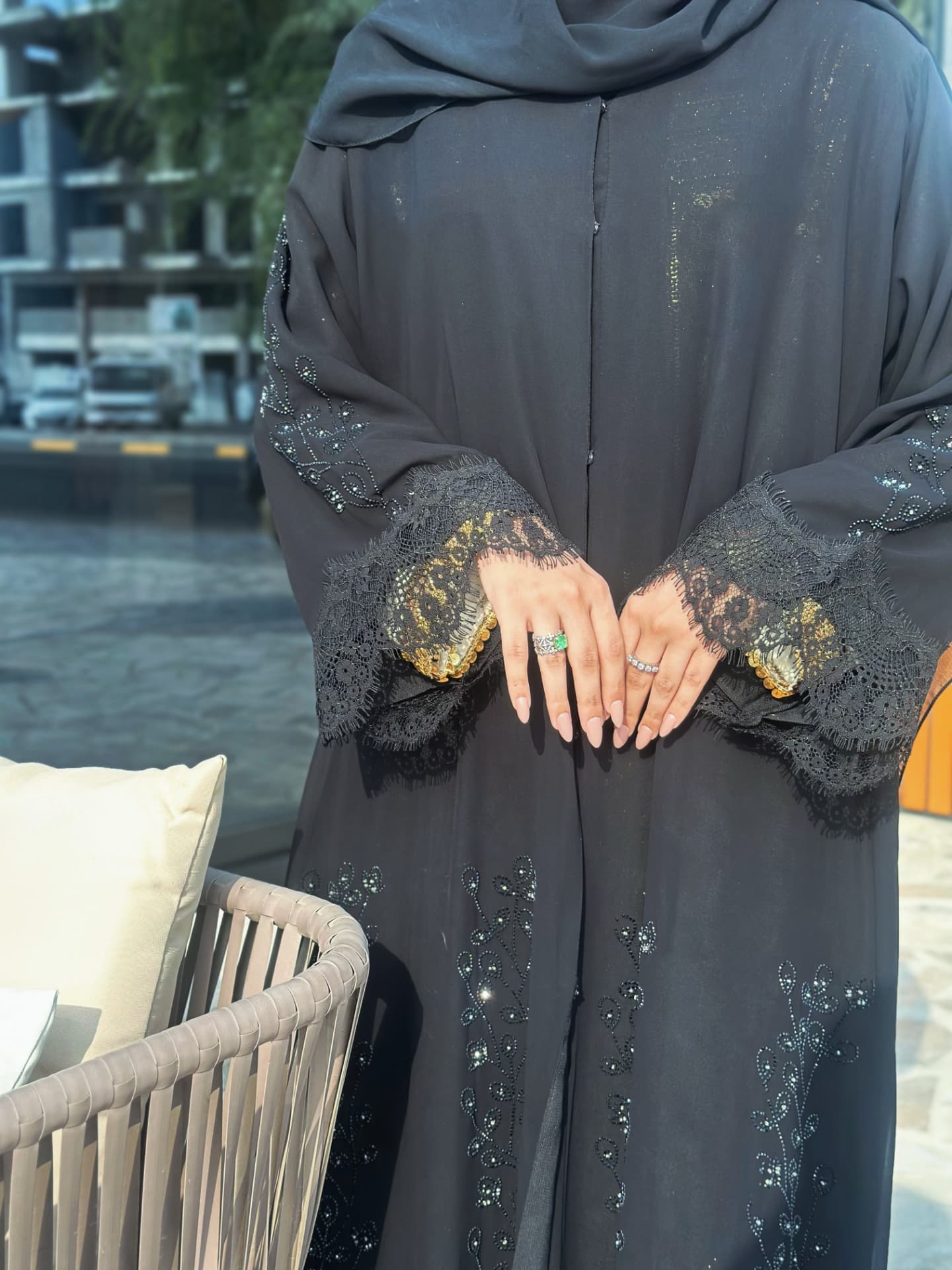 Classic Black Abaya with Lace Sleeves and Beaded Embroidery – Zahidabi Abaya