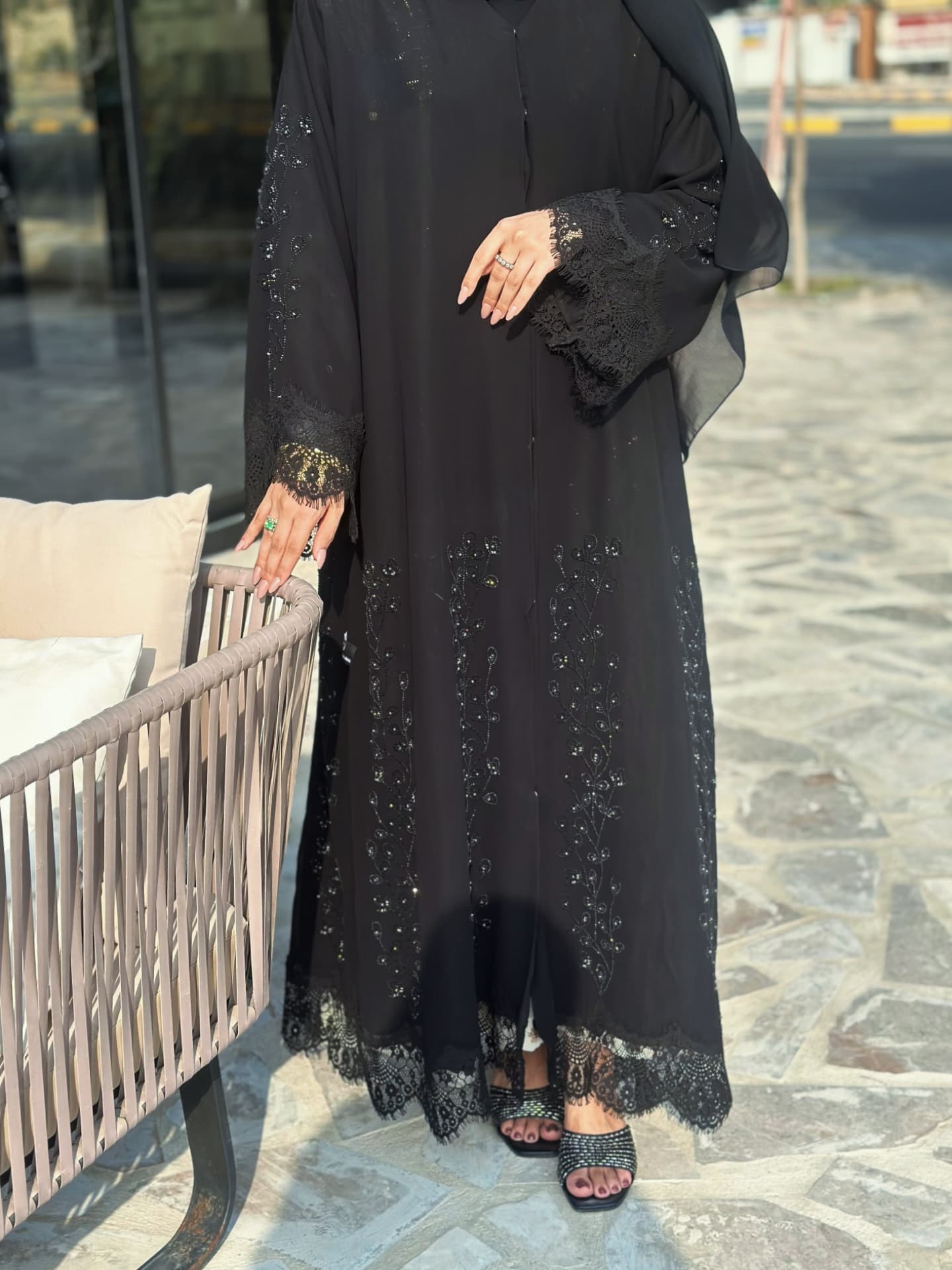Classic Black Abaya with Lace Sleeves and Beaded Embroidery – Zahidabi Abaya