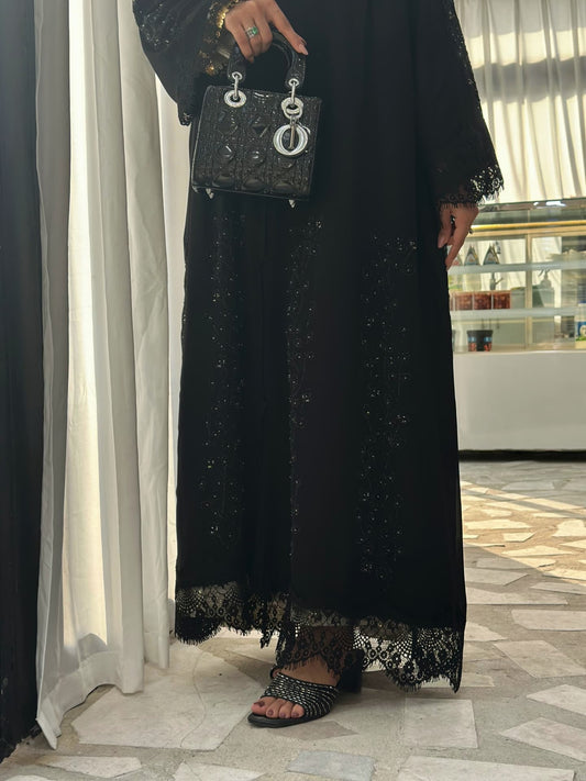 Classic Black Abaya with Lace Sleeves and Beaded Embroidery – Zahidabi Abaya