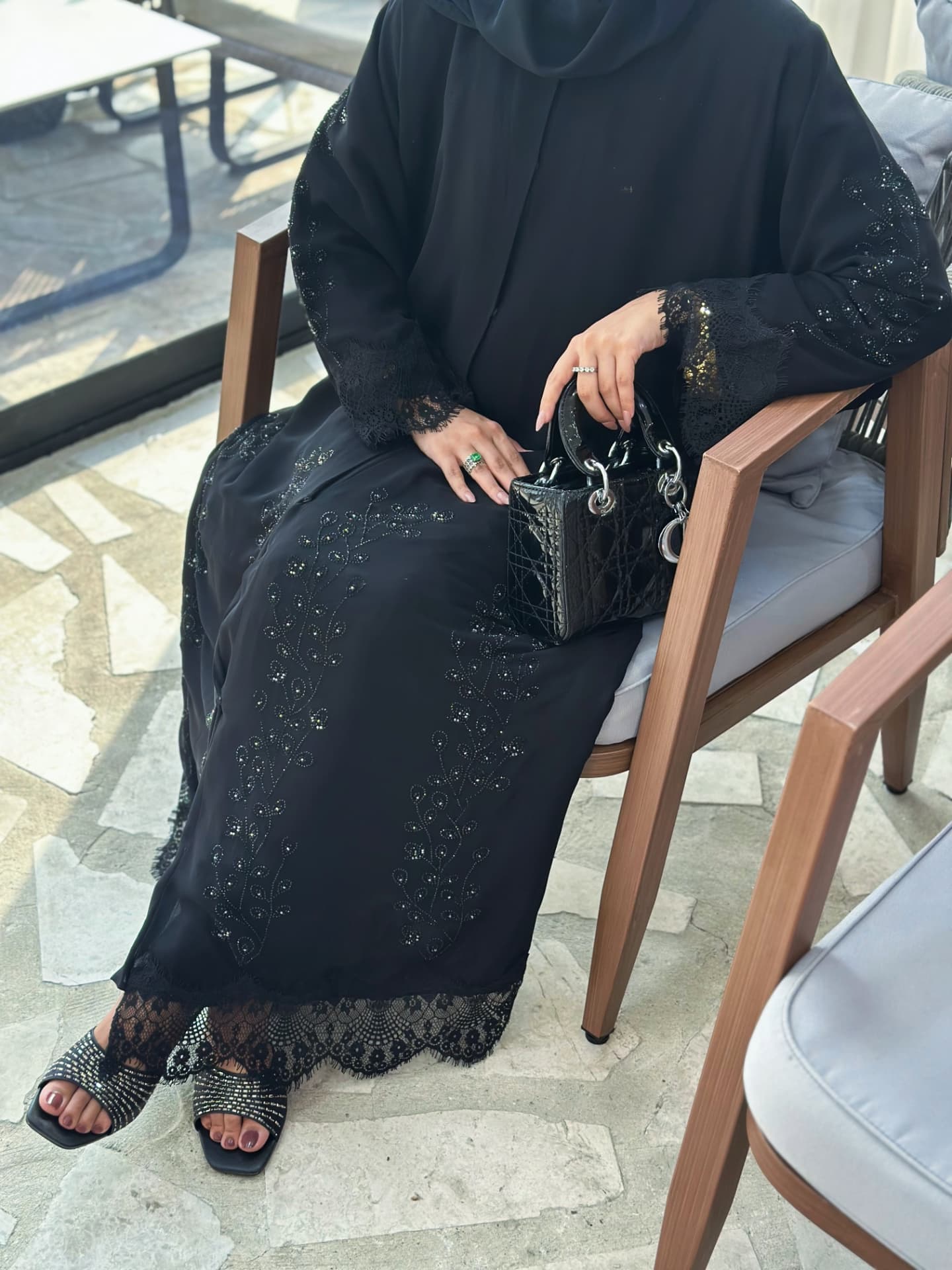 Classic Black Abaya with Lace Sleeves and Beaded Embroidery – Zahidabi Abaya