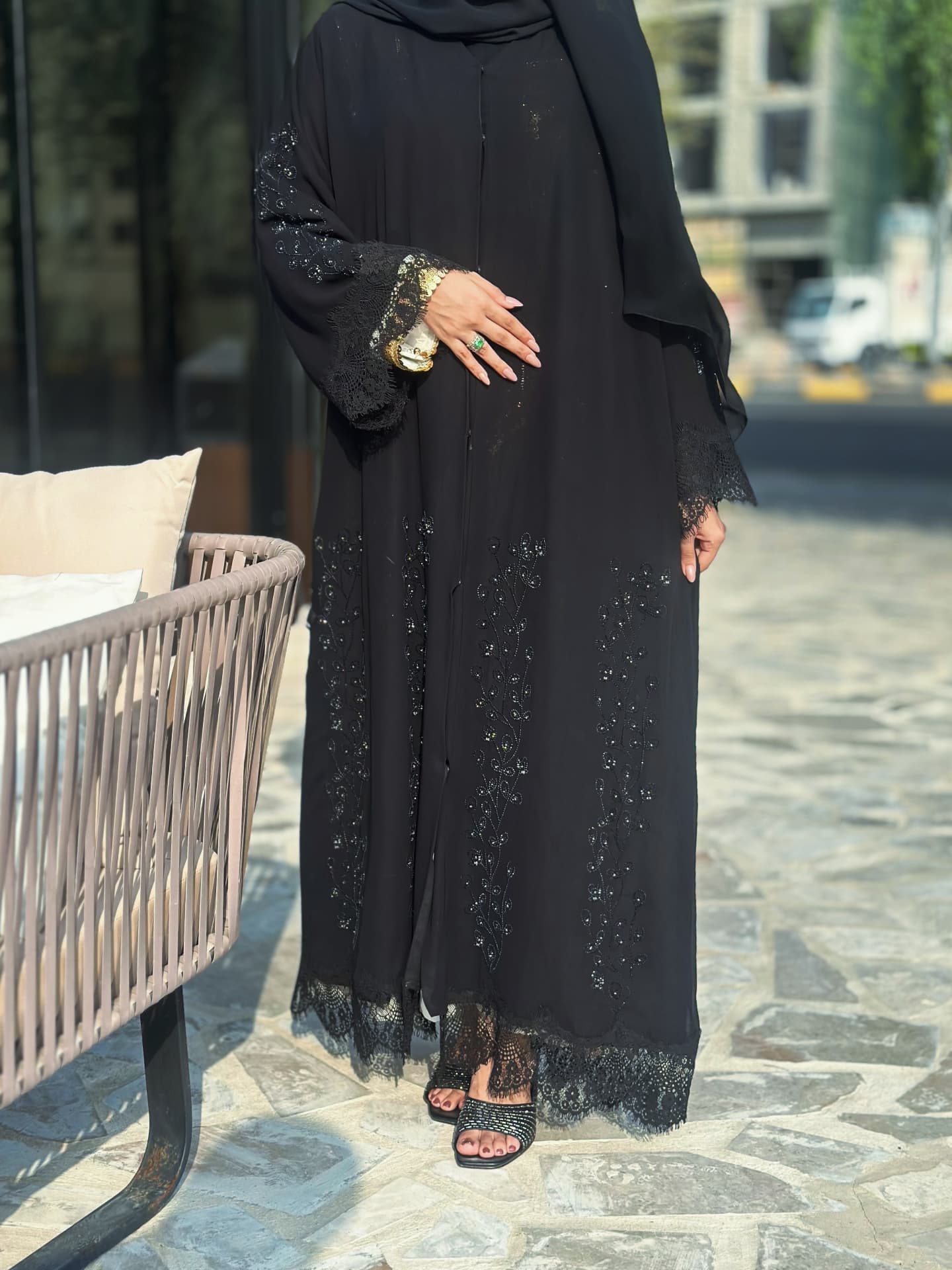 Classic Black Abaya with Lace Sleeves and Beaded Embroidery – Zahidabi Abaya