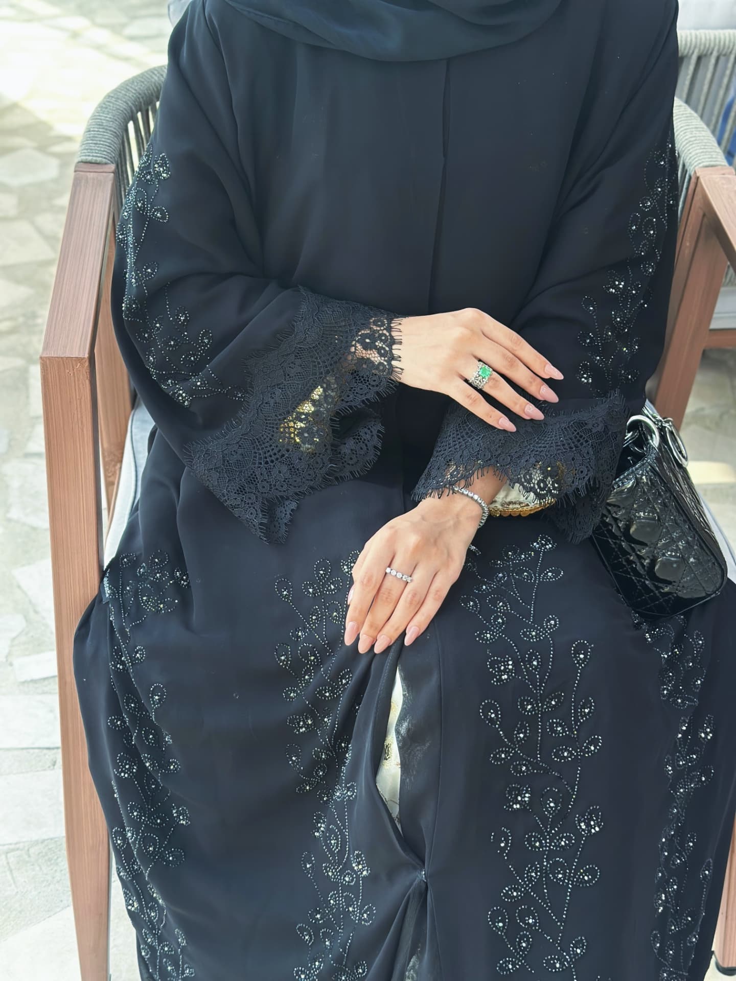 Classic Black Abaya with Lace Sleeves and Beaded Embroidery – Zahidabi Abaya