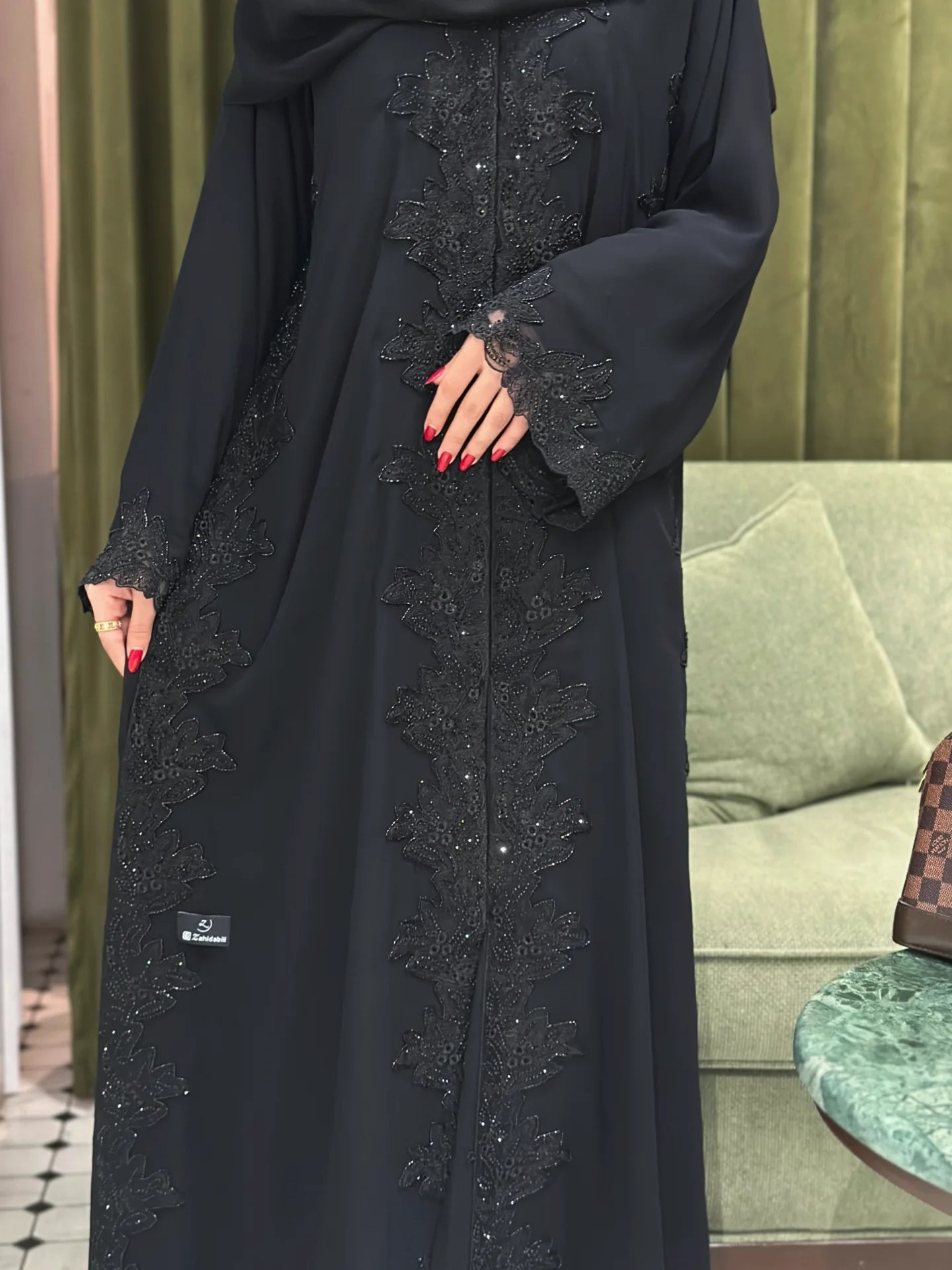 Luxury Black Beaded Abaya for Women – Elegant Lace Design by Zahidabi