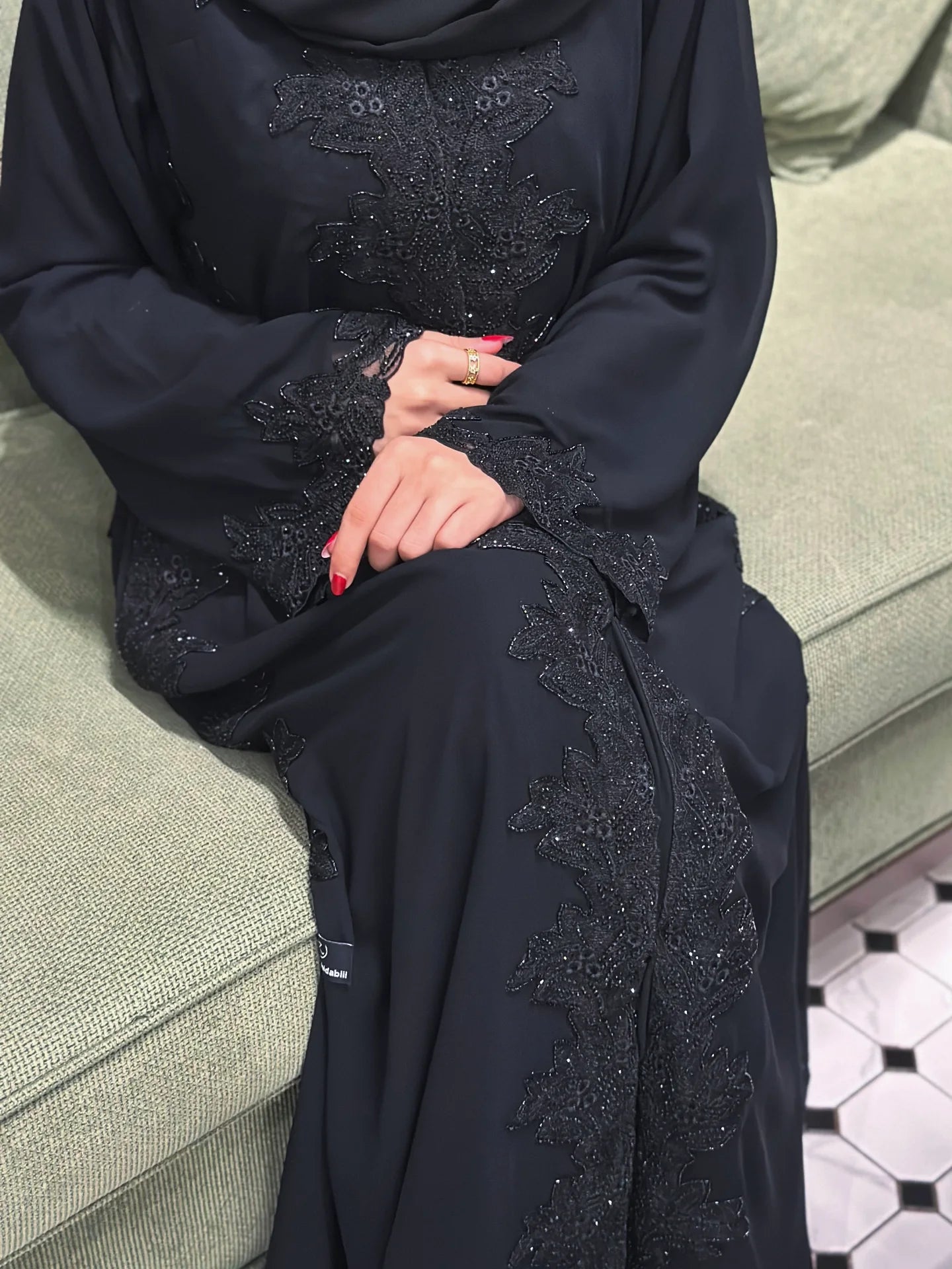 Luxury Black Beaded Abaya for Women – Elegant Lace Design by Zahidabi