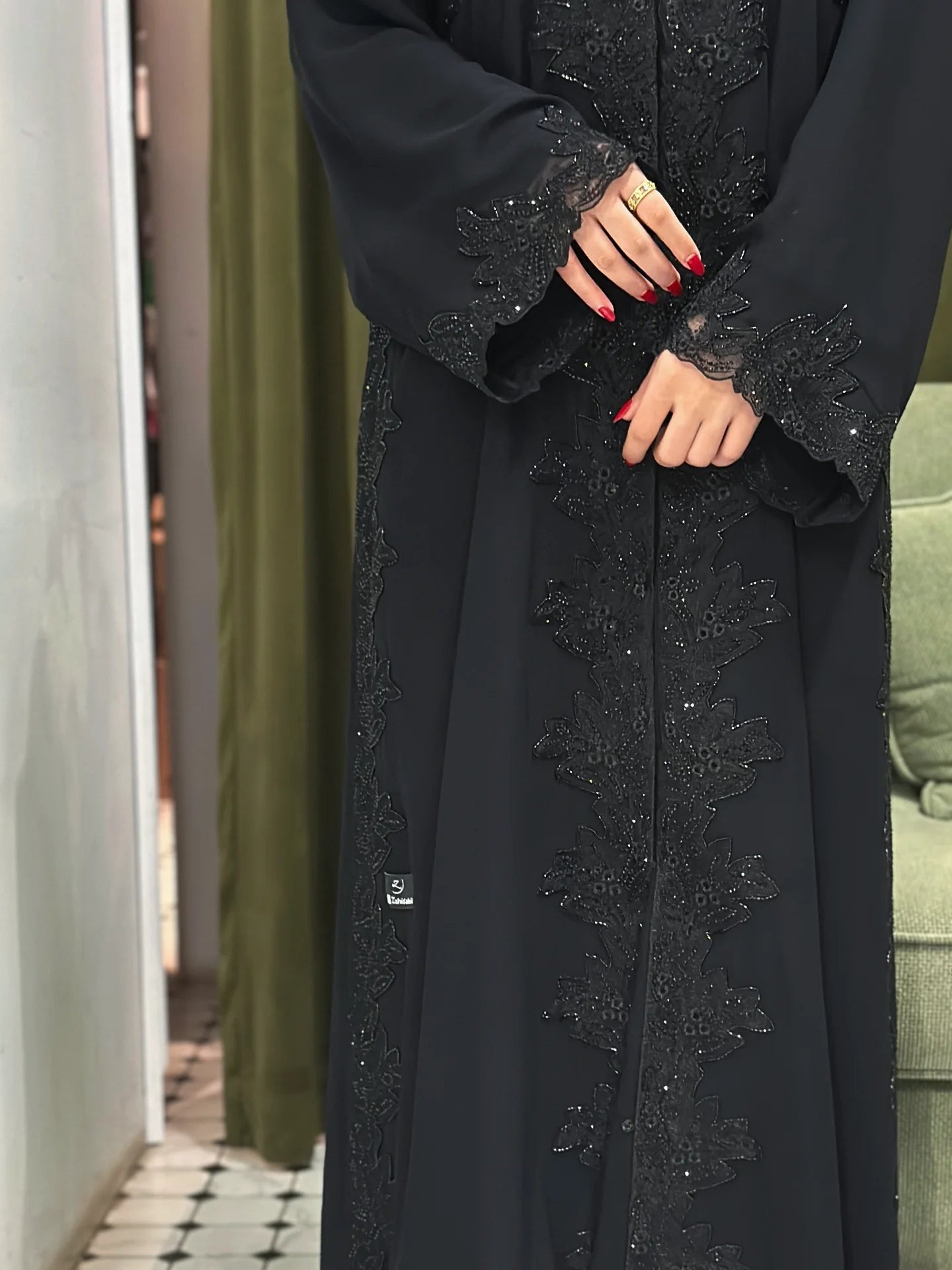 Luxury Black Beaded Abaya for Women – Elegant Lace Design by Zahidabi