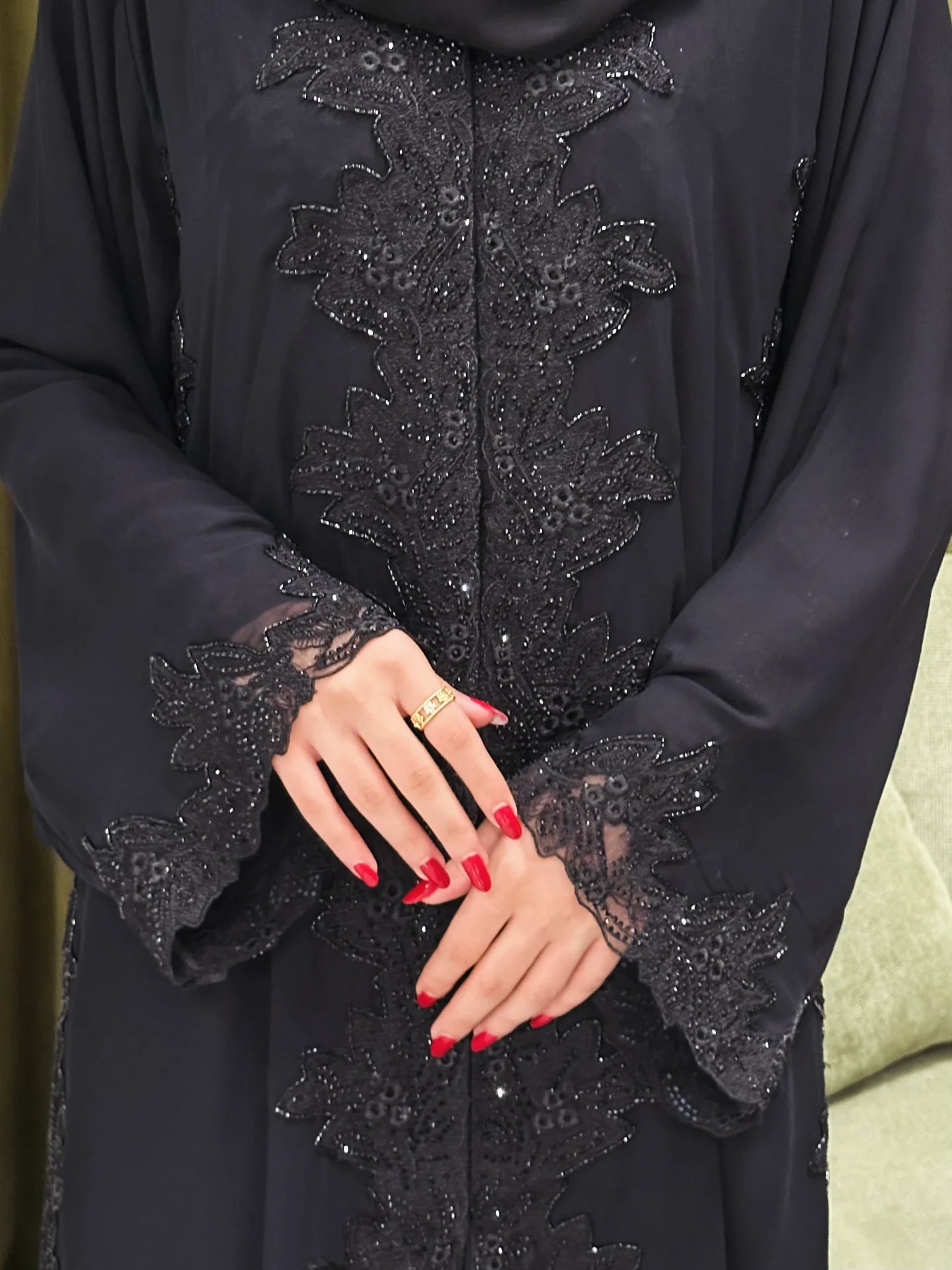 Luxury Black Beaded Abaya for Women – Elegant Lace Design by Zahidabi