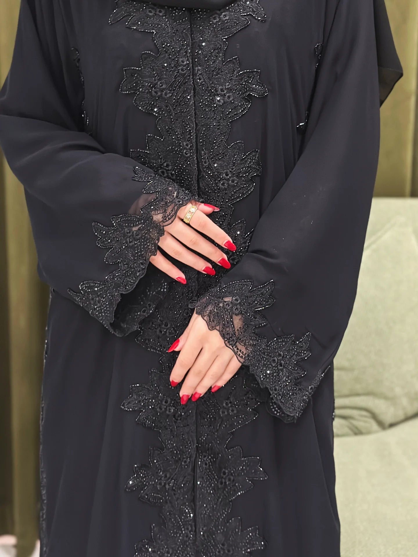 Luxury Black Beaded Abaya for Women – Elegant Lace Design by Zahidabi