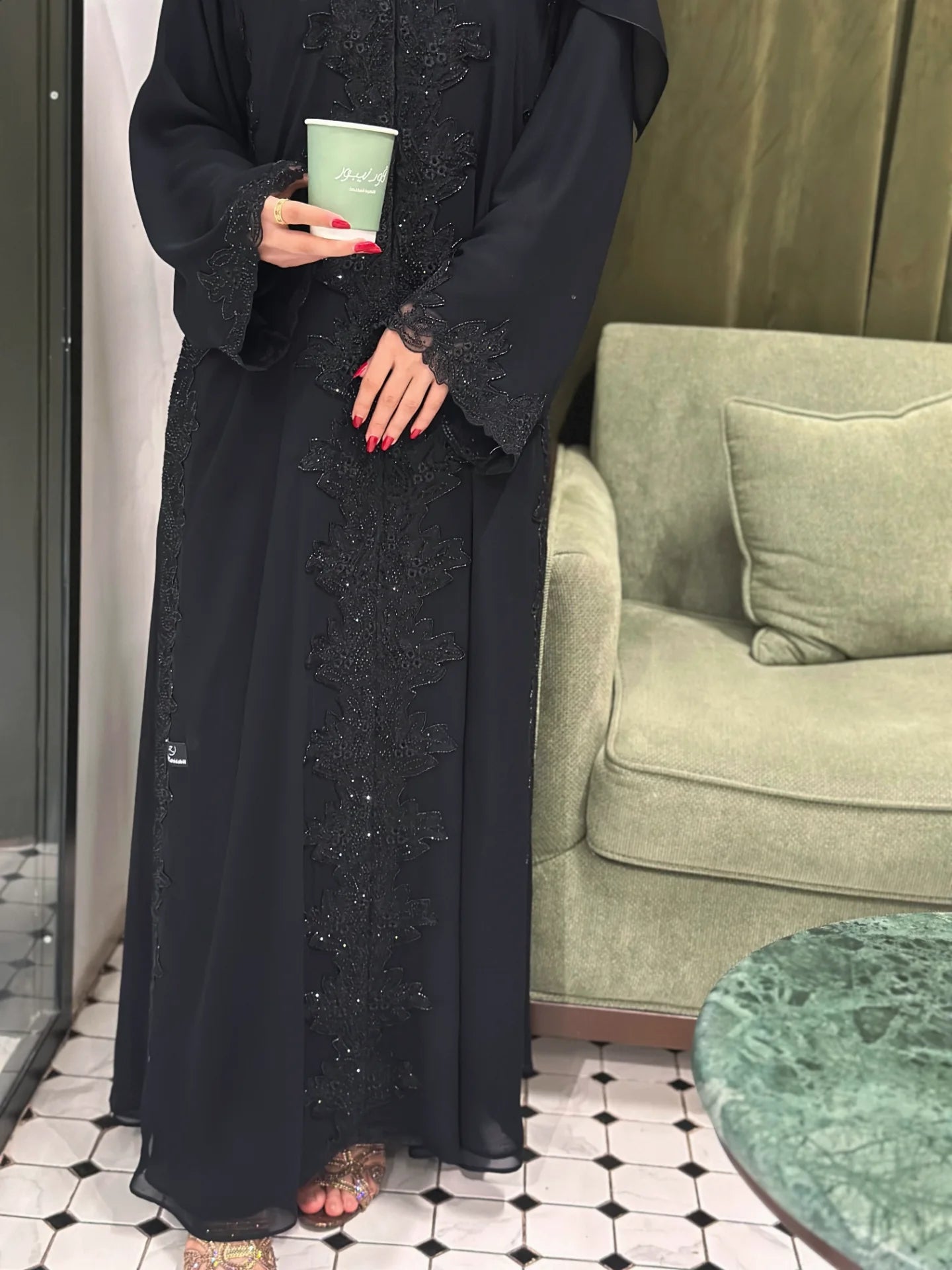 Luxury Black Beaded Abaya for Women – Elegant Lace Design by Zahidabi