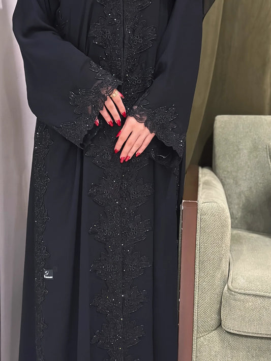 Luxury Black Beaded Abaya for Women – Elegant Lace Design by Zahidabi