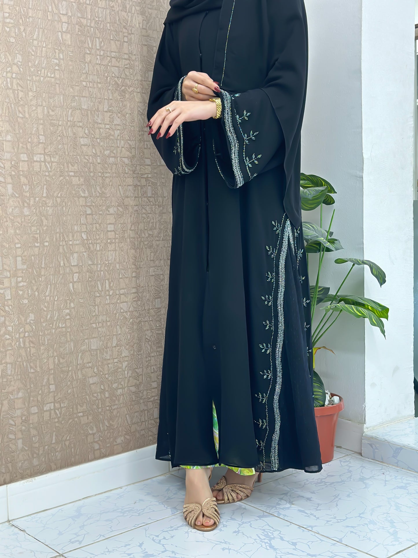 Chiffon Abaya with Net Side Panels and Handwork